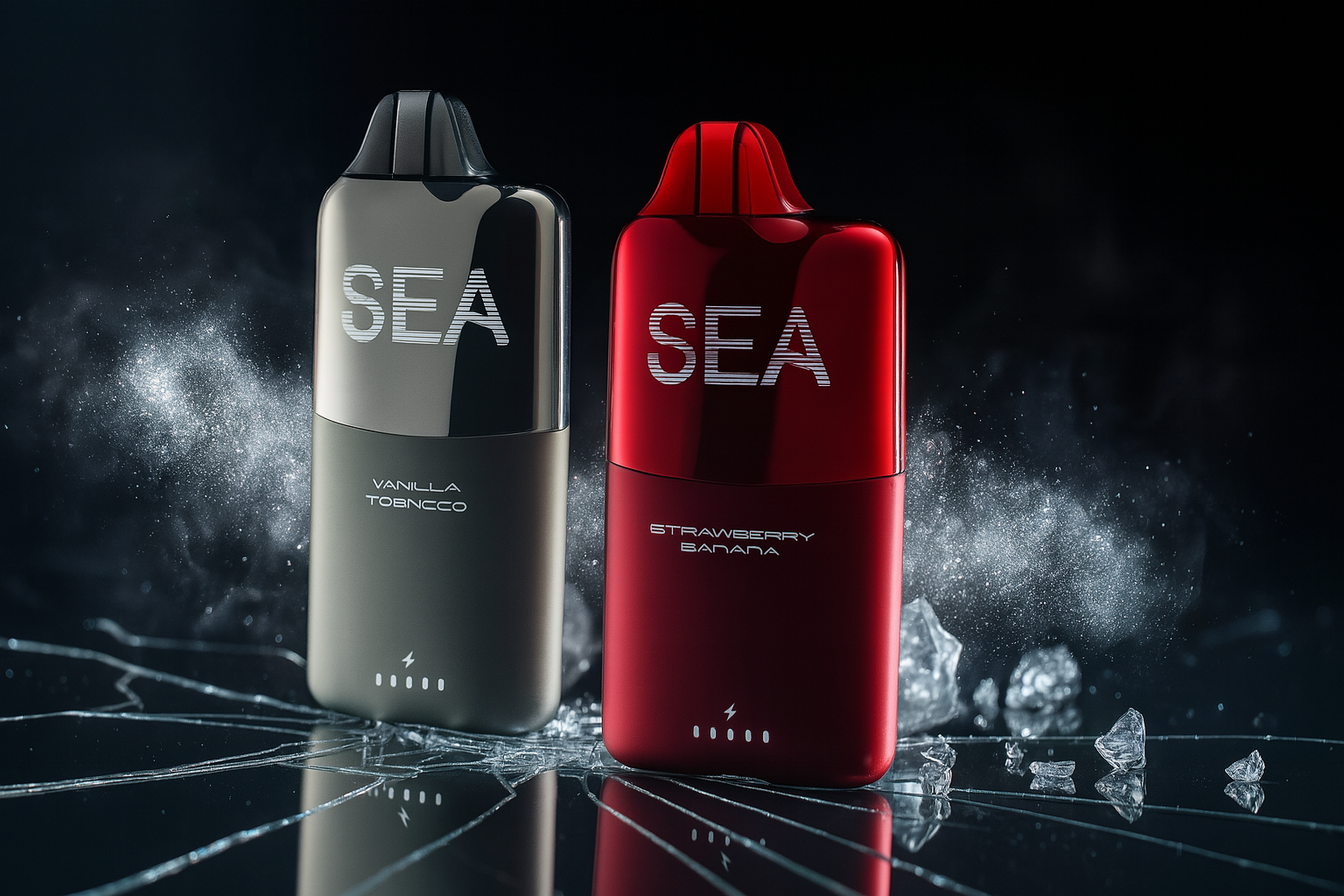 A dramatic product photo shows two vape devices on a shattered, reflective surface with a dark, foggy background. The device on the left is a sleek black and silver vape with a matte finish on the bottom half. The device on the right is a vibrant red vape with a similar dual-toned design.