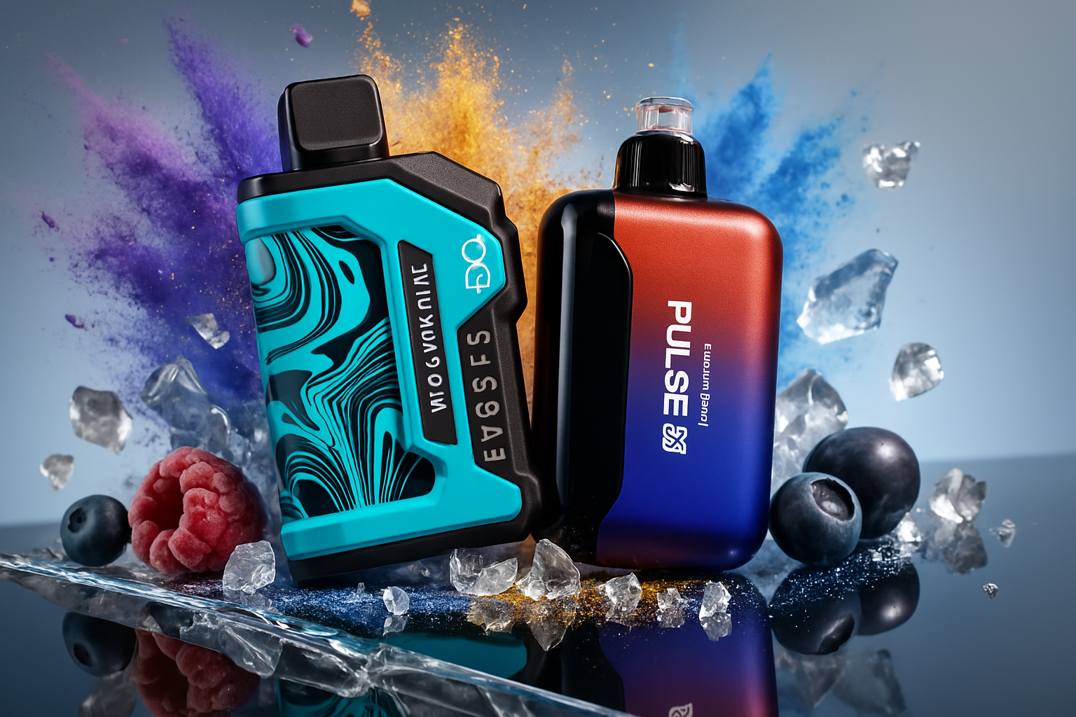 This image displays two vape devices set against a dark, reflective surface with a dynamic burst of purple and orange powder in the background, along with scattered ice cubes. The vape on the left is teal and black with an abstract, wavy design and text that appears to be