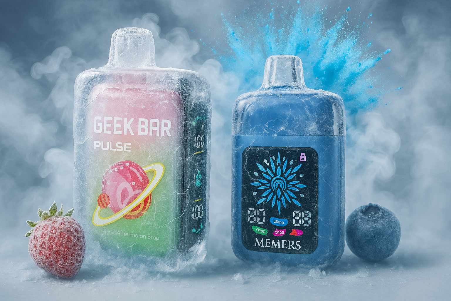 Запит виконаноThis image features two rectangular vape devices, both encased in ice, against a frosty blue-grey background with a burst of blue powder in the upper right. The vape on the left is pink and green, displaying