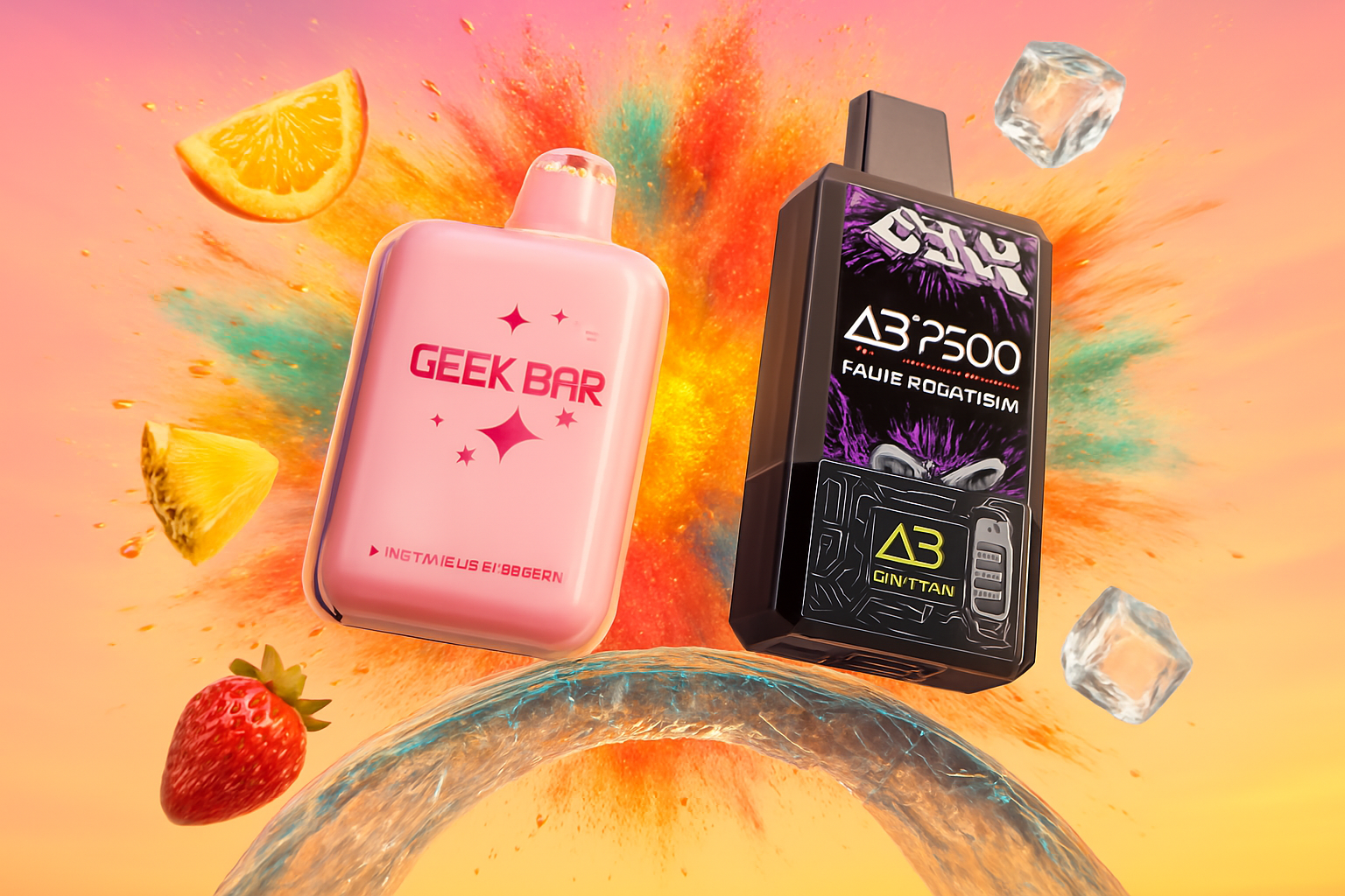Two different vape devices, one pink and one black with a purple design, are centrally featured with a colorful burst of powder behind them. Surrounding the devices are various elements including slices of citrus fruit, a strawberry, and ice cubes, all resting on a translucent, wavy surface.