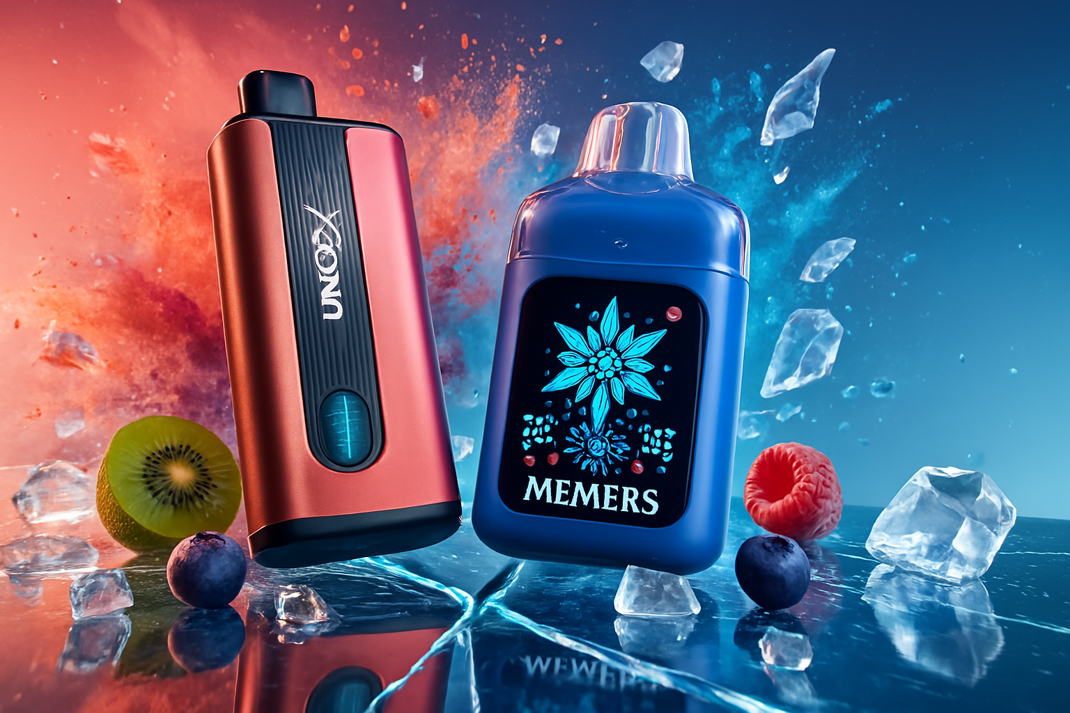 This image features two vape devices on a fractured, reflective ice surface, with a dramatic burst of red and blue powder in the background and floating ice shards. The device on the left is a reddish-brown and black rectangular vape, labeled
