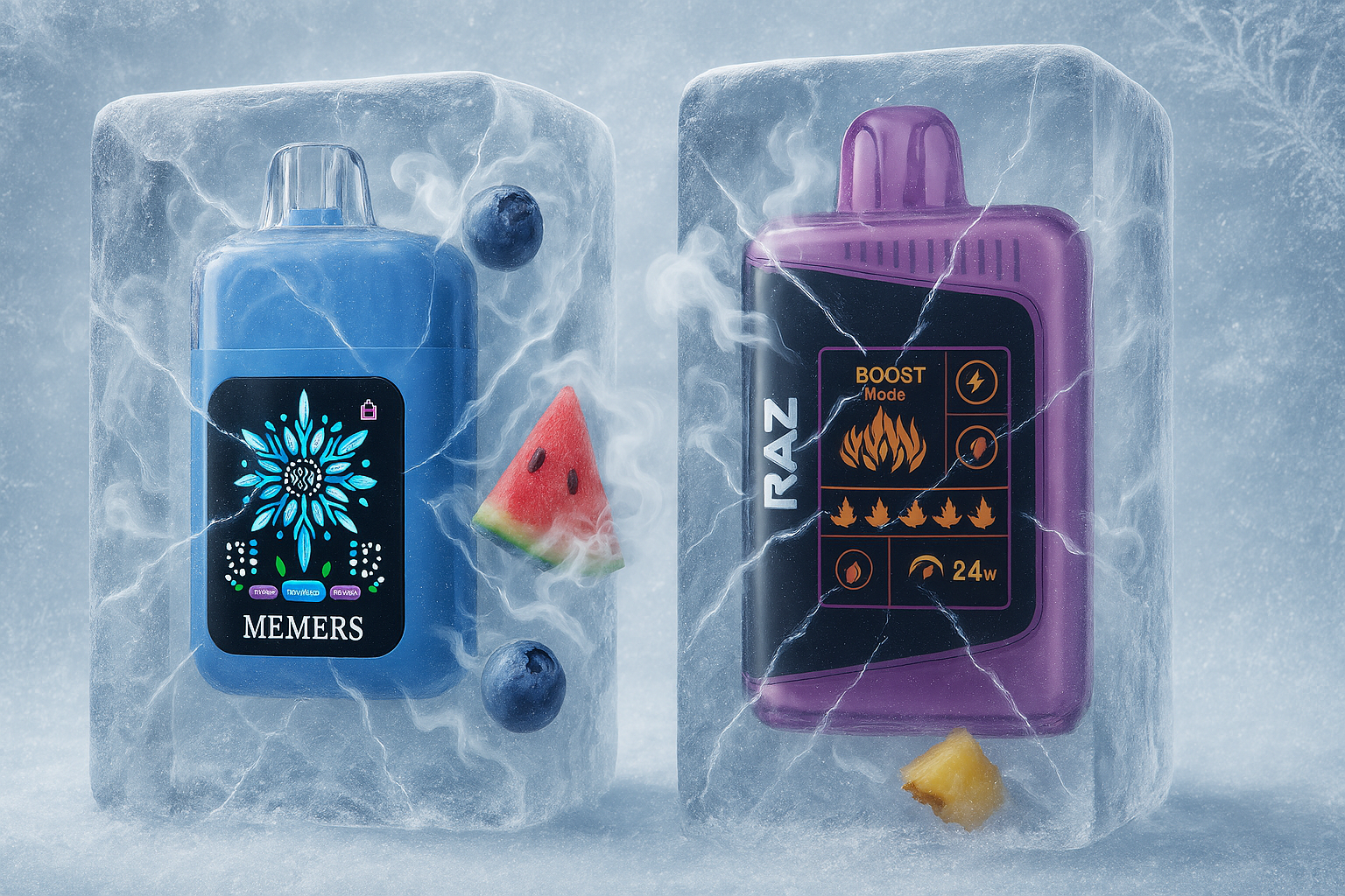 This image features two disposable vape devices, each encased in a block of ice, against a frosty blue background. On the left, a blue