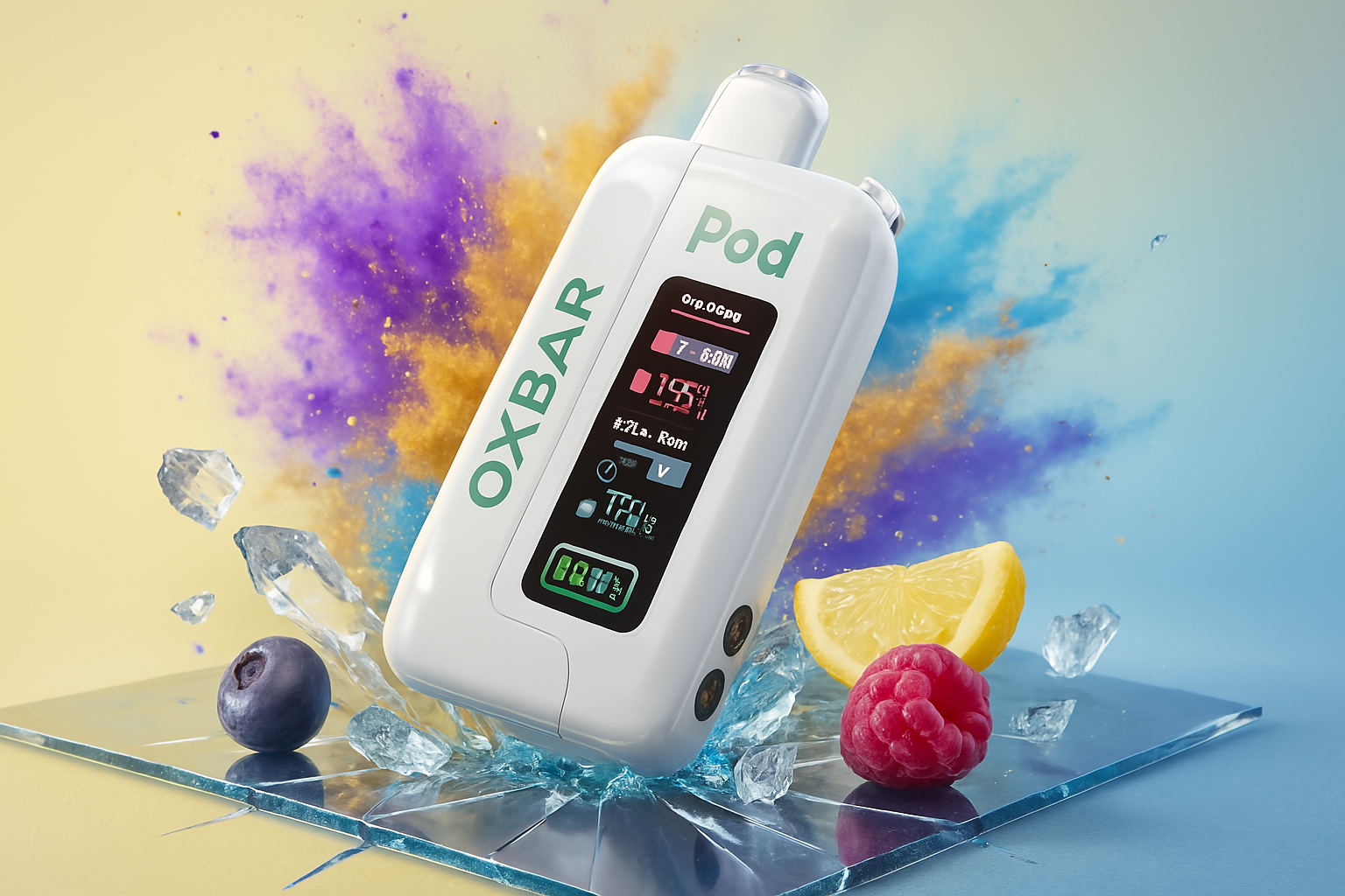 This image features a white and green vape device, prominently displayed on a surface with scattered broken ice pieces. Surrounding the device are fresh fruits, including a blueberry, a raspberry, and a lemon wedge, all set against a dynamic background of colorful powder explosions.