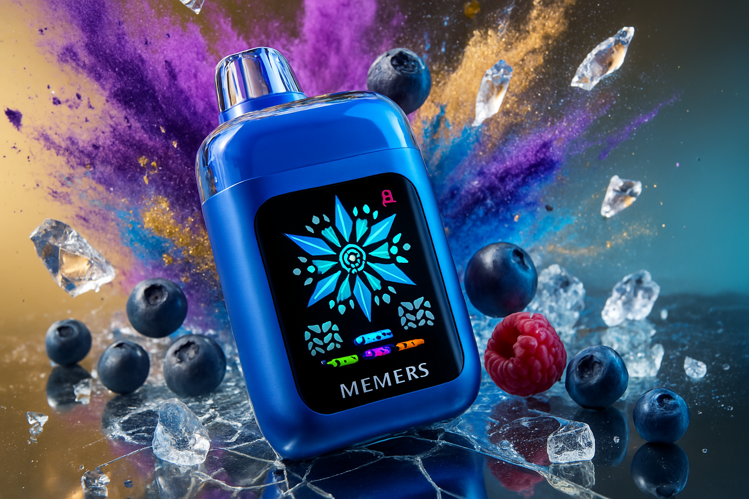 This image showcases a striking blue vape device positioned amidst a scattering of blueberries, a single raspberry, and ice shards. The background features an artistic burst of purple, blue, and gold powders, creating a dynamic and icy atmosphere.