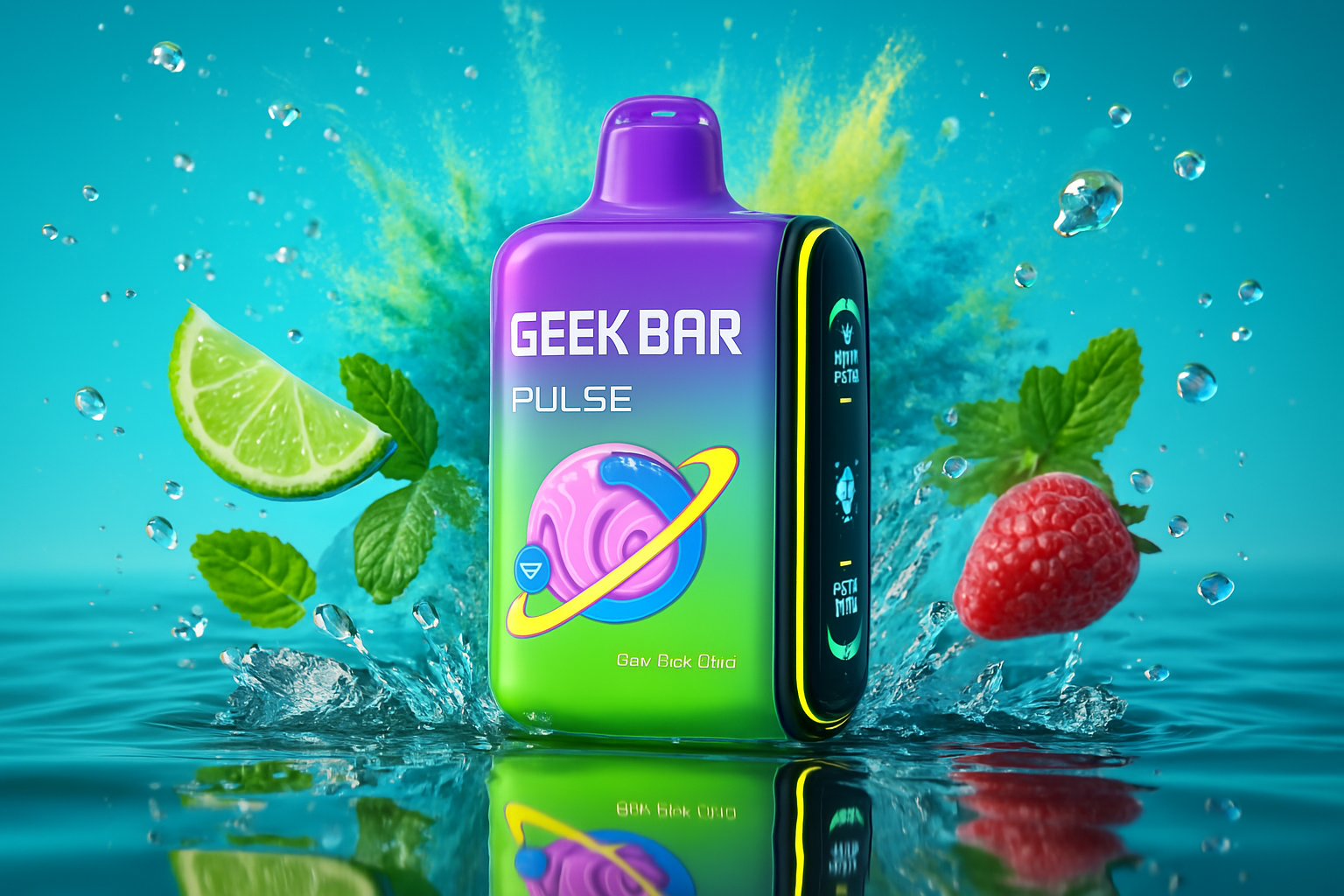 This image features a colorful vape device with a purple top and a green base, depicted amidst splashes of water. A lime slice, fresh mint leaves, and a ripe raspberry are positioned around the device, suggesting a fresh and fruity theme.
