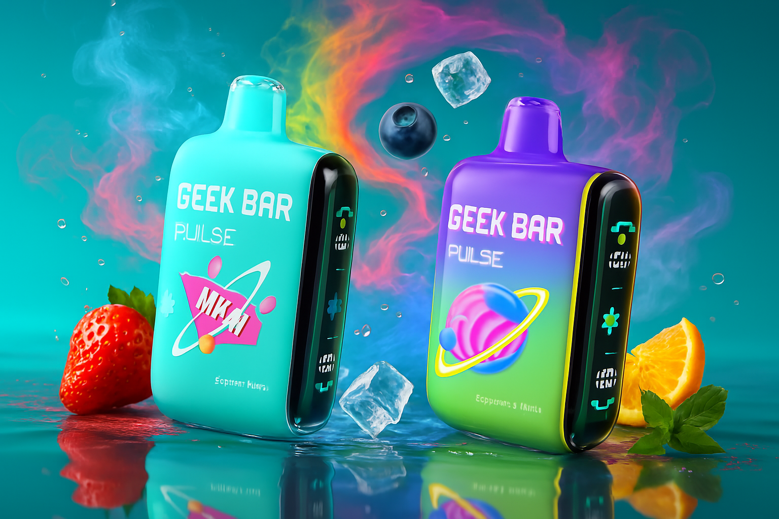 This image showcases two vibrant vape devices, one in teal and the other in purple with a green base, both appearing to sit on a reflective, watery surface with splashes. They are surrounded by fresh fruit, including a strawberry, blueberries, an orange slice, and mint leaves, along with ice cubes, suggesting a cool and fruity theme.