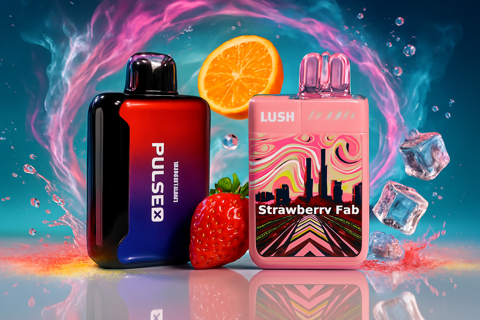 This image showcases two colorful vape devices, one transitioning from red to blue and the other predominantly pink with a cityscape design, set against a dynamic background of swirling pink and blue smoke. Surrounding them are fresh elements like a strawberry, an orange slice, and ice cubes, suggesting a refreshing, fruity theme.