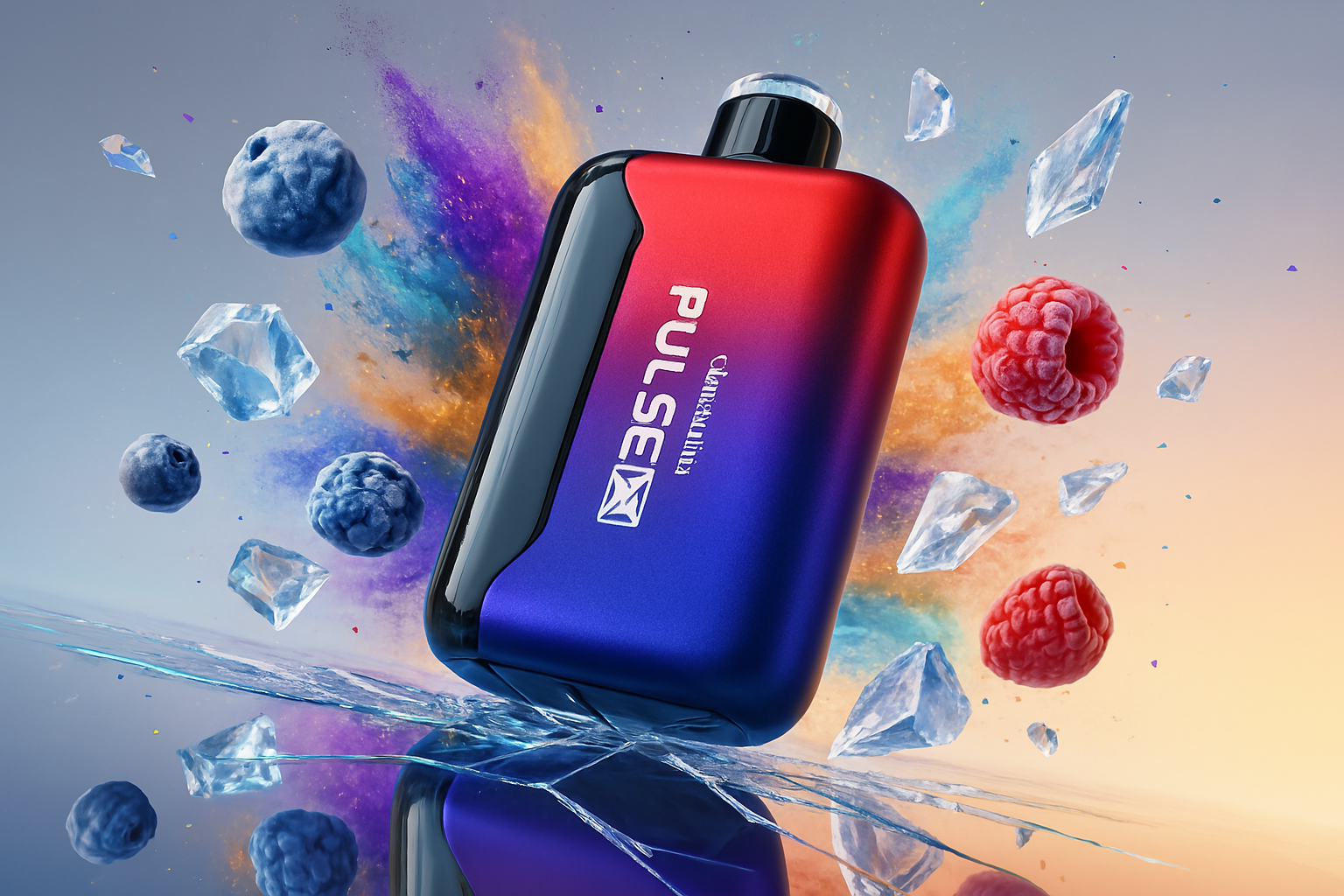 A red and blue vaping device is positioned dynamically amidst scattered raspberries, blueberries, and ice shards. Splashes of water and a burst of colorful powder surround the device and fruit, creating a sense of motion and refreshment.