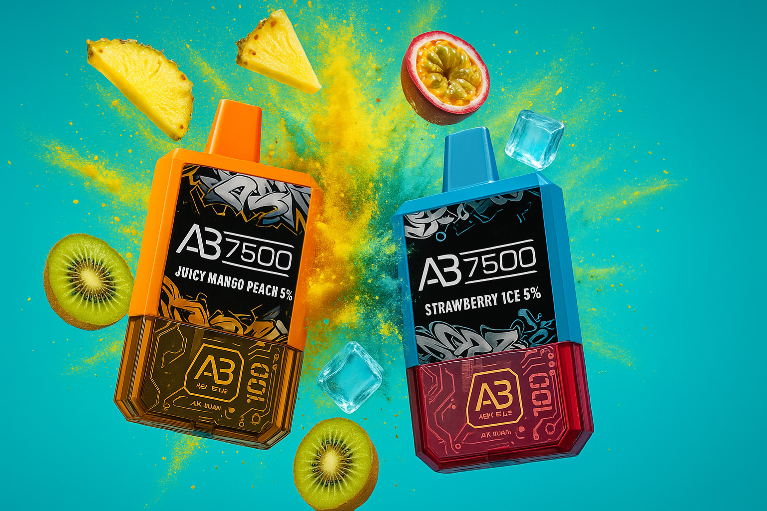 A dynamic studio shot features two Air Bar A3750 disposable vapes on a blue-green background. The orange vape is labeled