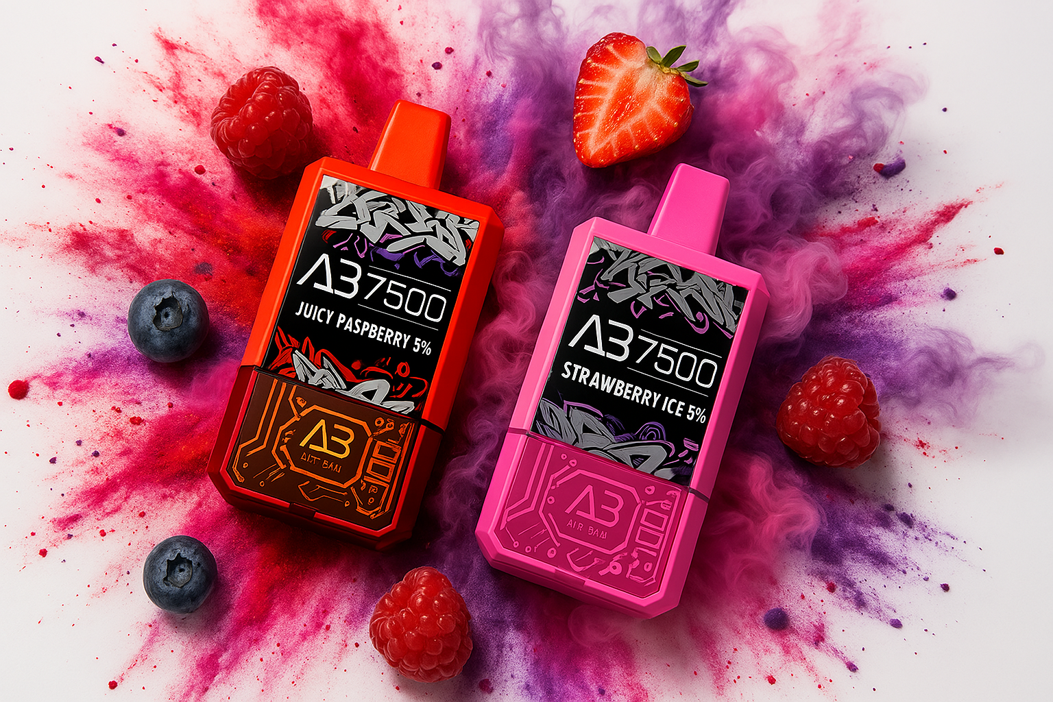 A colorful overhead shot displays two Air Bar A3750 disposable vapes on a white background. The orange-red vape is labeled