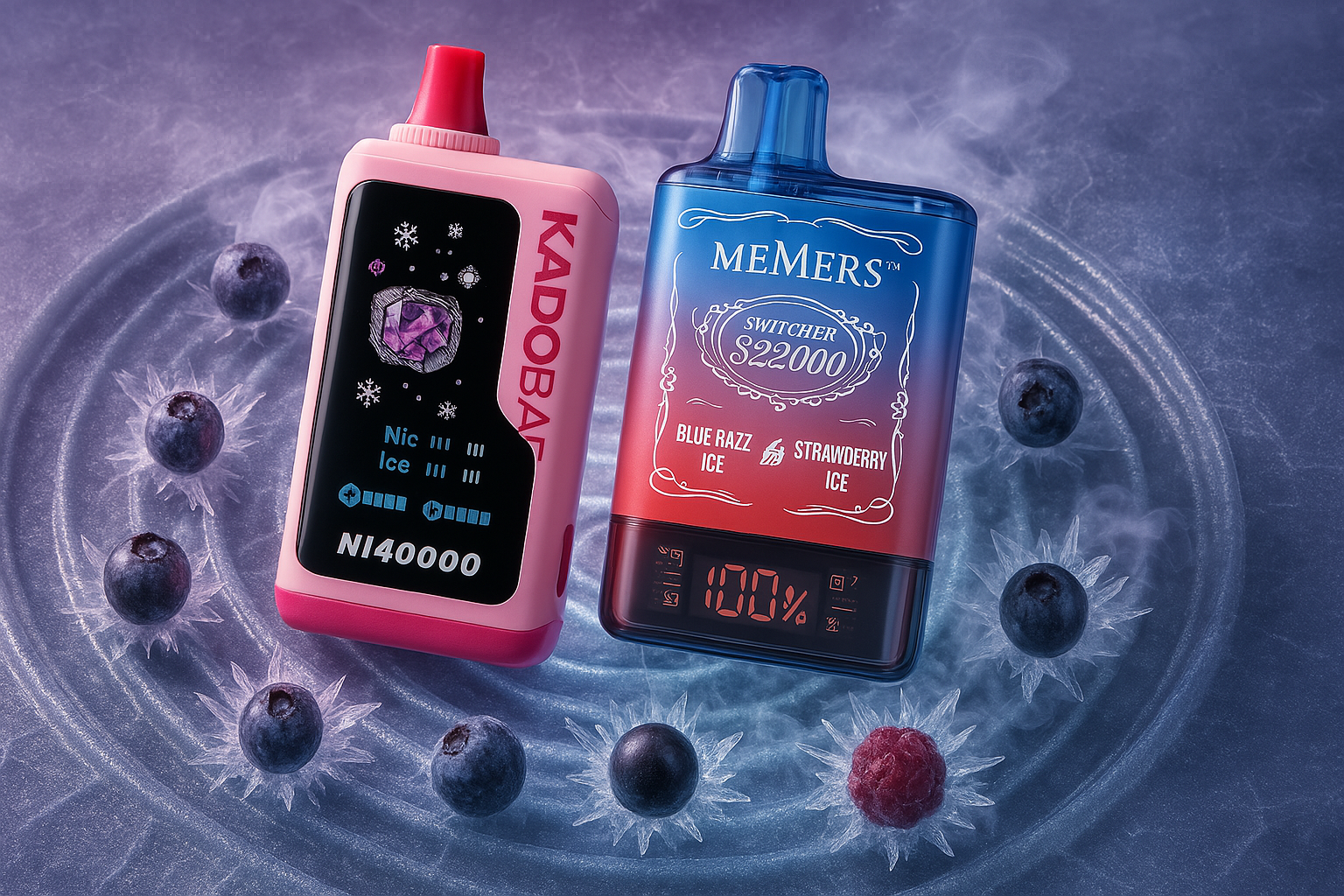 This image features two distinct vape devices, one in pink with a black screen and the other with a red and blue gradient. They are positioned on a swirling icy surface, surrounded by frozen blueberries and a raspberry, creating a cool and refreshing aesthetic. The overall composition highlights the devices and suggests a theme of icy, fruity flavors.