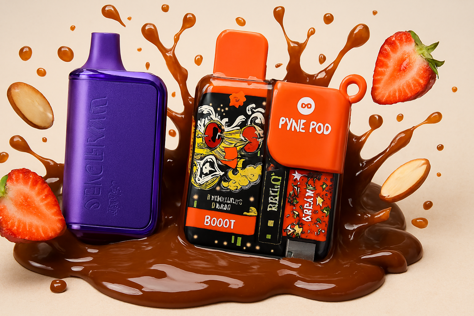 Two vape devices are displayed amidst a playful splash of brown liquid, likely chocolate or caramel, along with sliced strawberries and almonds, suggesting dessert or fruit-inspired flavors. The purple vape on the left is sleek and branded