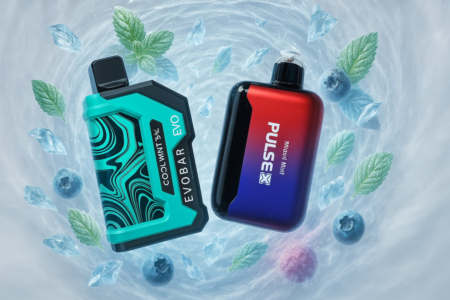 This image showcases two sleek vape devices, one in a vibrant teal with a black swirling design, and the other with a striking red and blue gradient. They are surrounded by a refreshing mix of ice shards, fresh mint leaves, and blueberries, suggesting cool and fruity flavor profiles. The overall composition creates a dynamic and appealing visual.