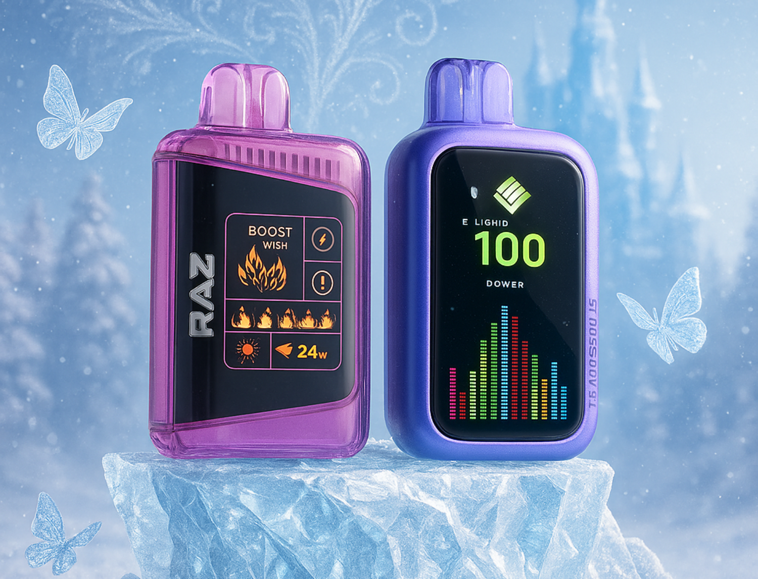 Two colorful vape devices, one purple and one blue, are displayed on icy surfaces with white butterflies in the background, suggesting a cool or