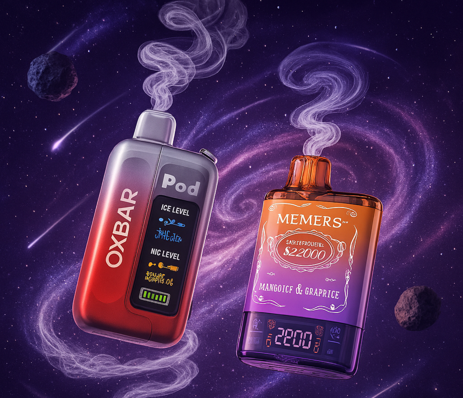Two vape devices are depicted against a cosmic background with swirling nebulae, stars, and floating asteroids, suggesting a