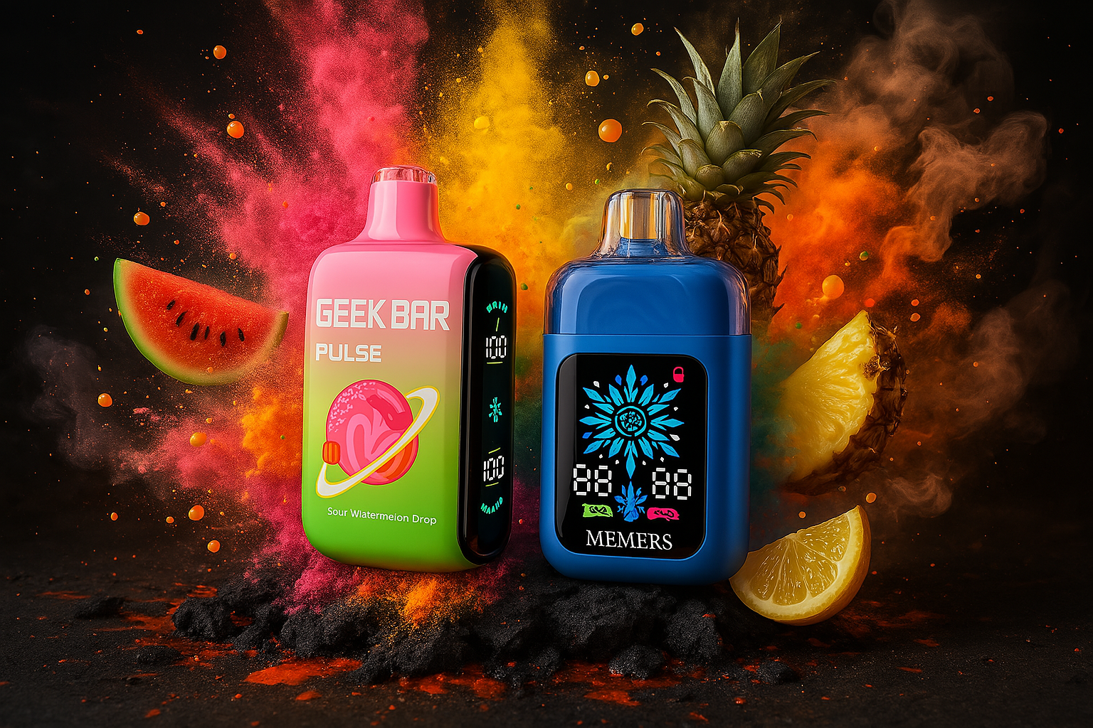 This image features two vape devices set against a dark, textured background with vibrant splashes of pink, yellow, and blue powder. The left vape is pink and green, labeled