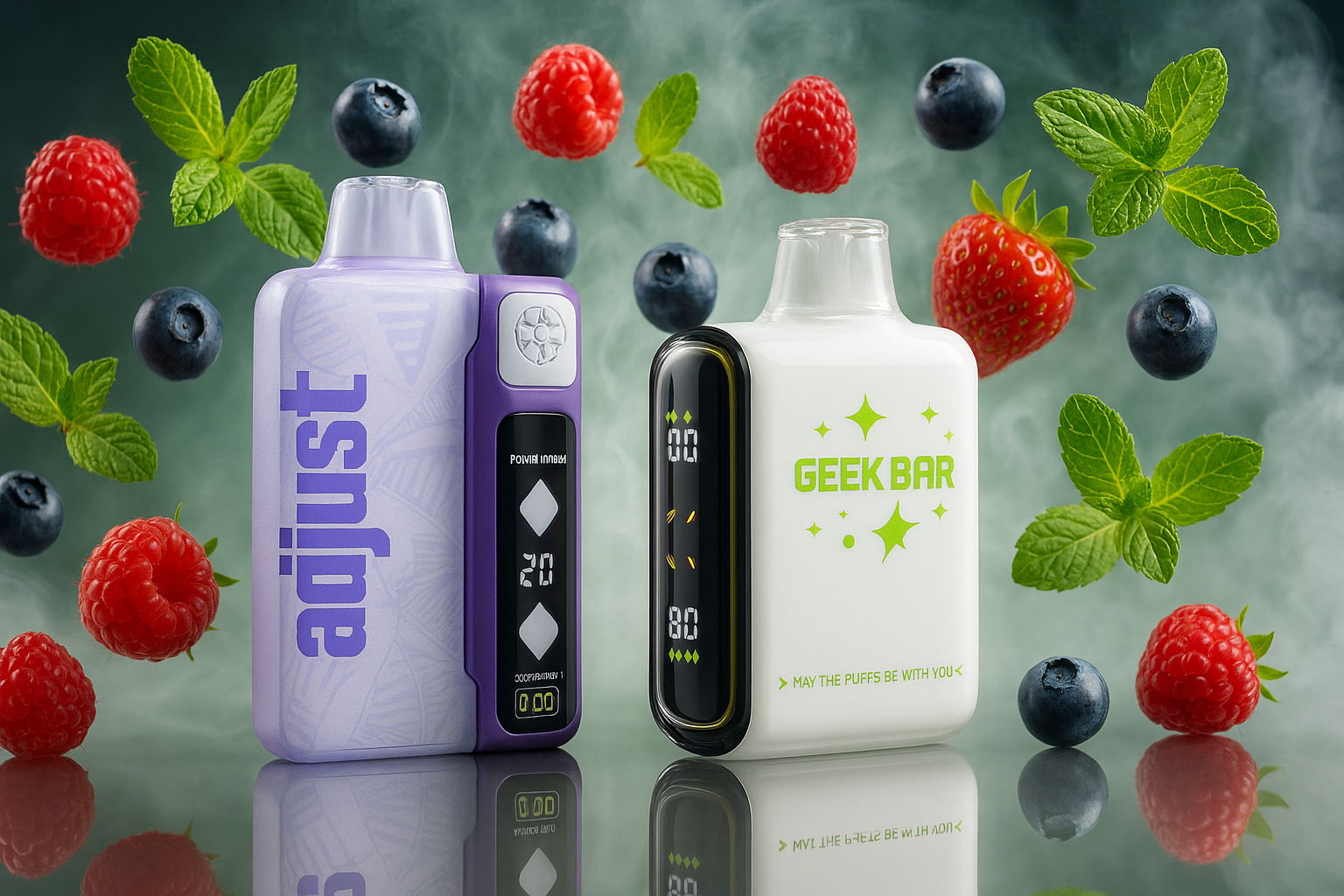 This image showcases two sleek vape devices, a light purple one on the left and a white one on the right, set against a soft, smoky background. The vapes are surrounded by an assortment of fresh berries, including raspberries and blueberries, as well as vibrant green mint leaves. The overall scene suggests a cool and refreshing berry flavor profile for both devices.