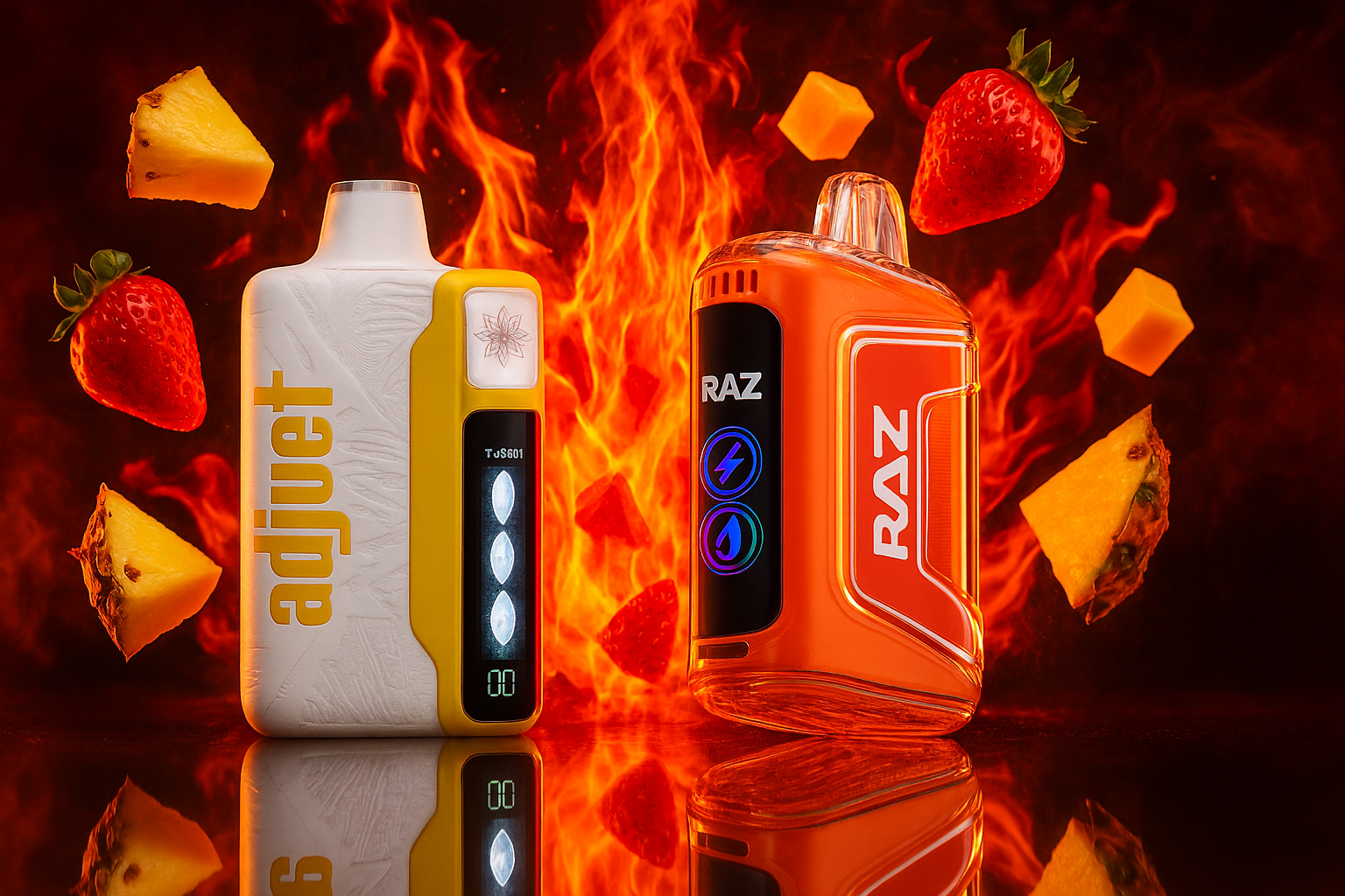 This image features two distinct vape devices, a white and yellow one and a solid orange one, against a fiery backdrop of flames. Floating around the vapes are various fruit pieces, including strawberries, chunks of pineapple, and what appear to be mango cubes. The scene creates a hot and intense atmosphere, suggesting a fiery and fruity flavor.