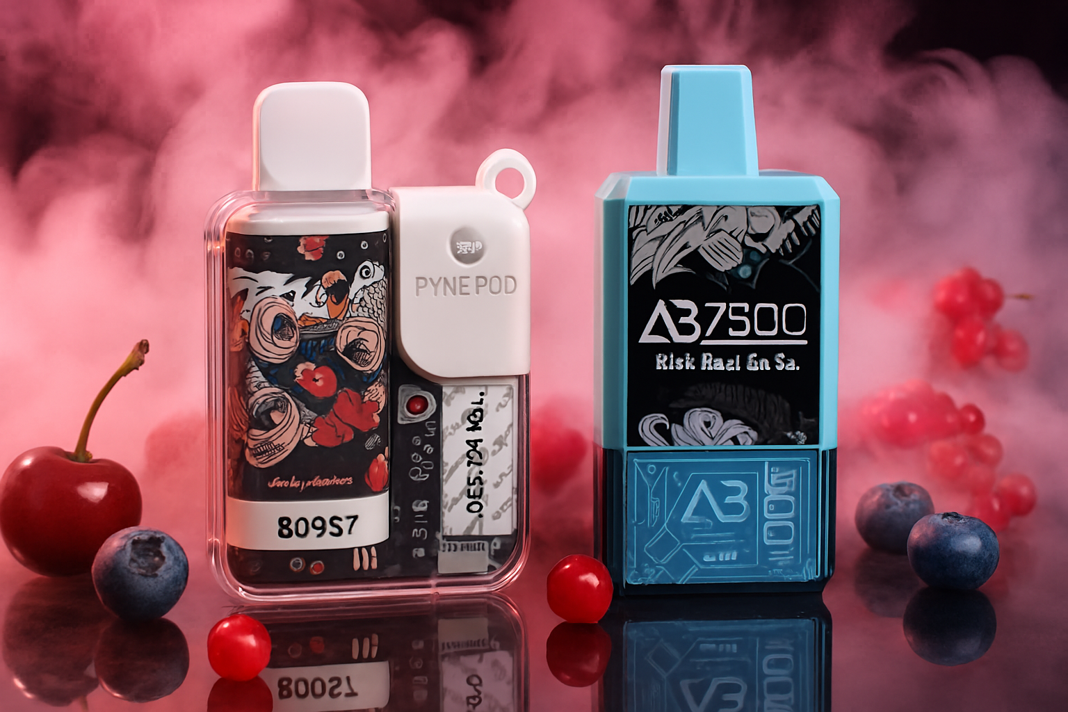 This image displays two different vape devices, a blue and a teal one, against a backdrop of glowing lightning bolts. The vapes are surrounded by various floating berries, including red and dark blackberries, as well as shards of ice. The scene creates a cool and dynamic atmosphere, suggesting a refreshing berry-flavored, frosty experience.