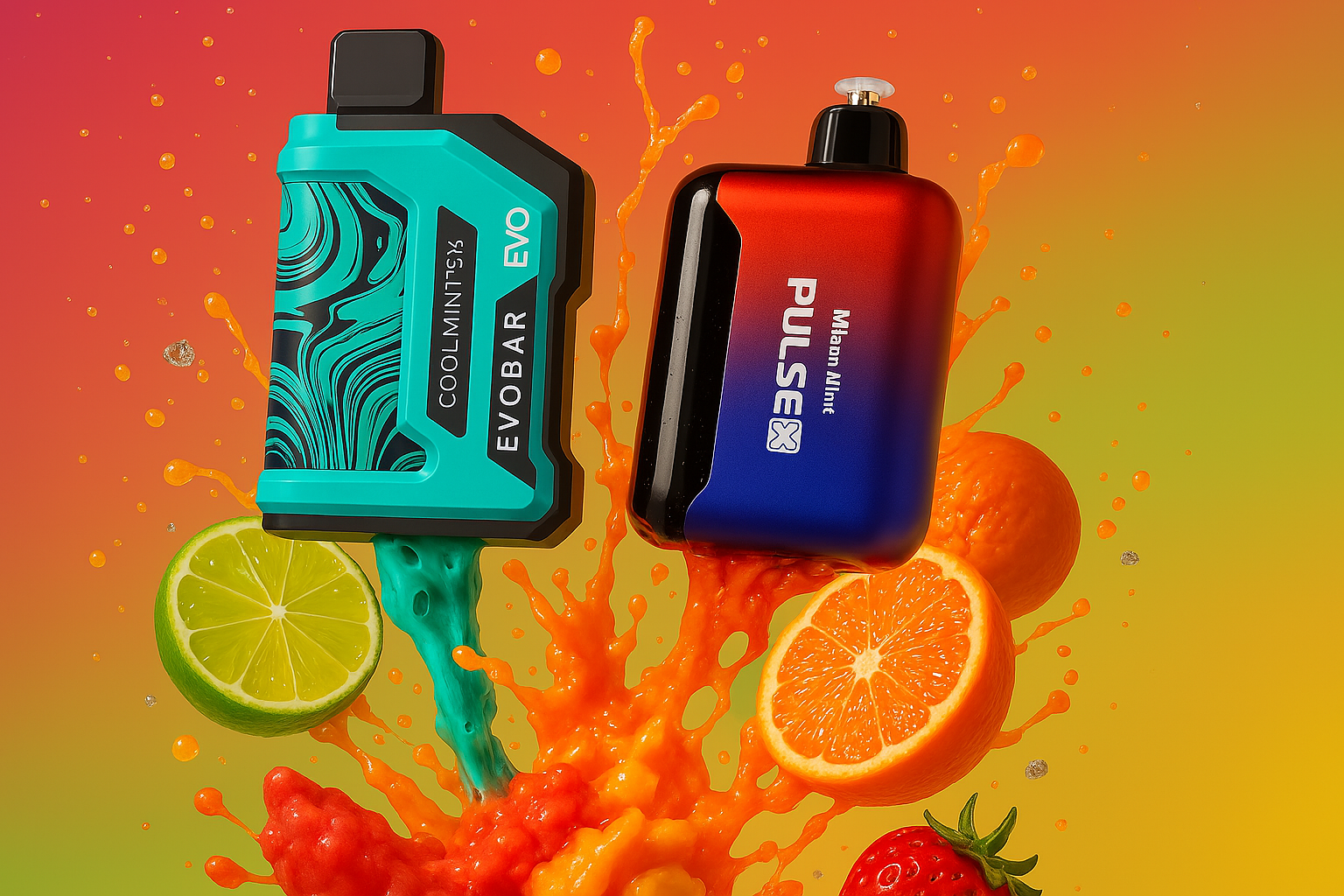 Запит виконаноThis image features a vibrant red and blue gradient vape device with a black mouthpiece, surrounded by a splash of orange liquid. Fresh citrus slices, including lime and orange, and a whole strawberry are scattered around, suggesting a burst of fruity flavors. The dynamic composition and vivid colors create an energetic and appealing visual.