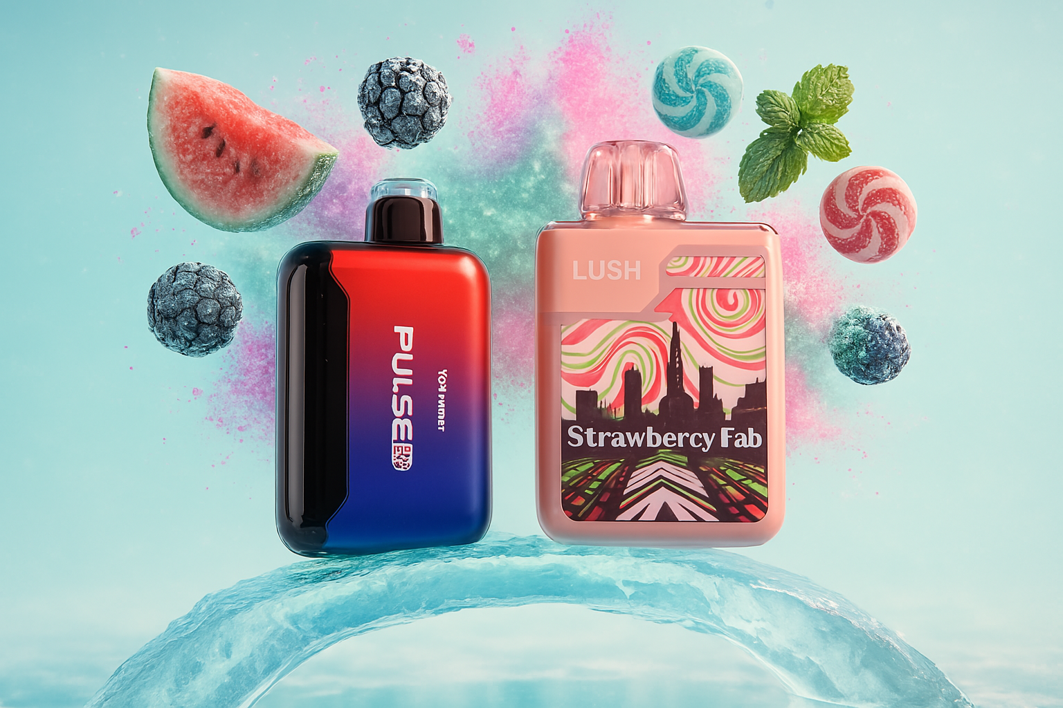 This image features a vibrant blue vape device with a shattered ice texture on its screen and a clear rectangular vape pod with a cartoon design. Both are set against a background of blue lightning and glowing purple and blue soundwave patterns. The overall composition suggests a dynamic and cool aesthetic, possibly highlighting a