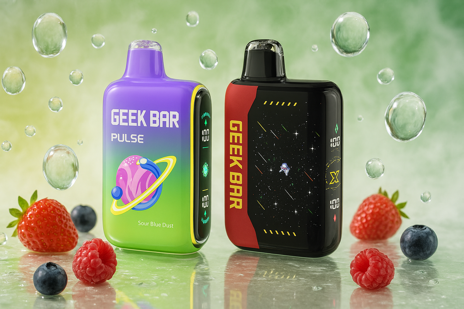 This image displays two modern vape devices, a purple and green one on the left and a red and black one on the right, standing on a reflective, wet surface. The vapes are surrounded by fresh berries, including strawberries, raspberries, and blueberries, with large water droplets floating in the air. The scene suggests a fruity and refreshing experience with a touch of cosmic design on the devices.