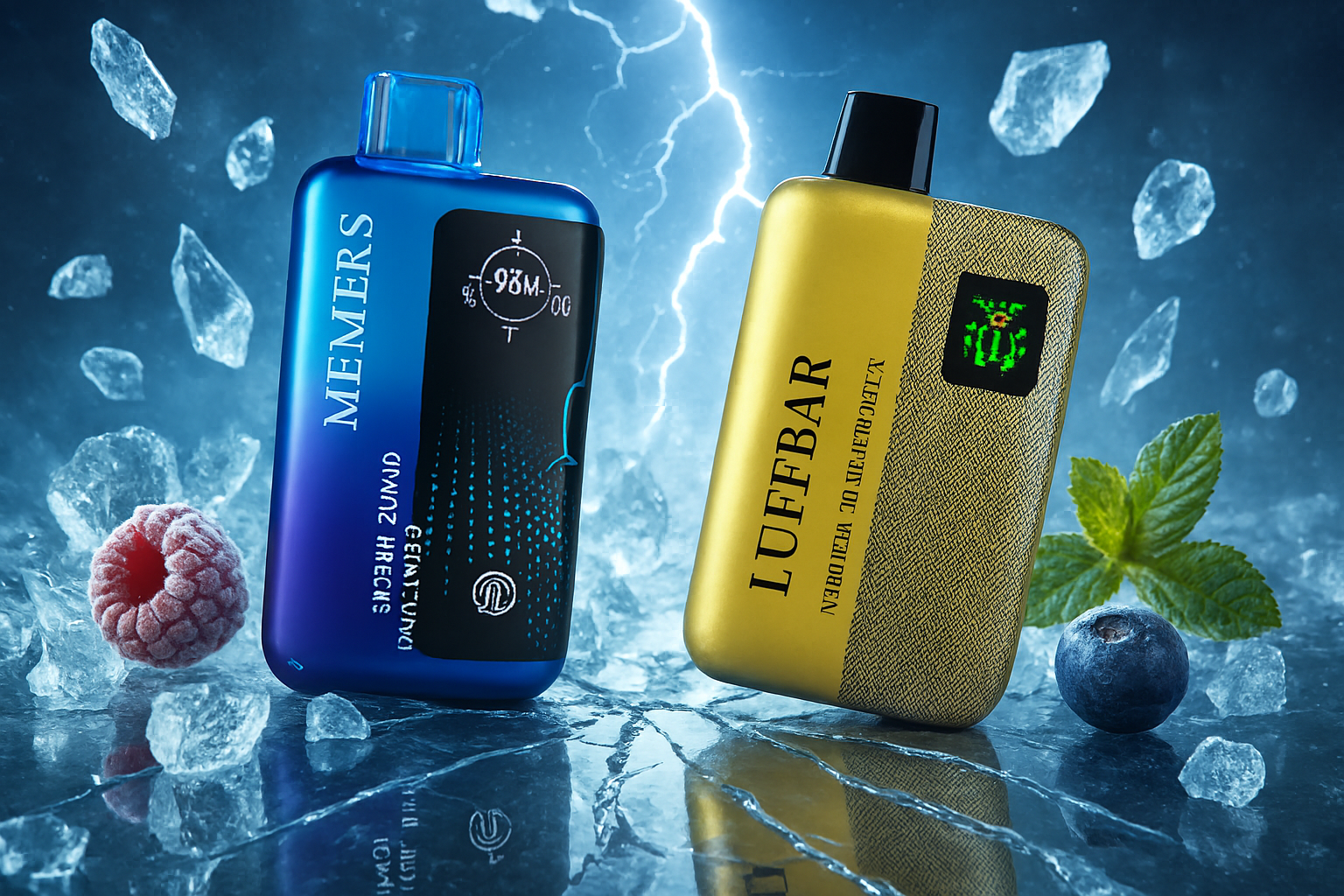 This image features two stylish vape devices, a blue one and a gold one, positioned on a fractured icy surface amidst falling ice shards and a dramatic lightning strike in the background. A frosted raspberry sits near the blue vape, while a blueberry and a sprig of mint are next to the gold one, suggesting a cool and fruity flavor experience. The overall atmosphere is crisp and energetic.