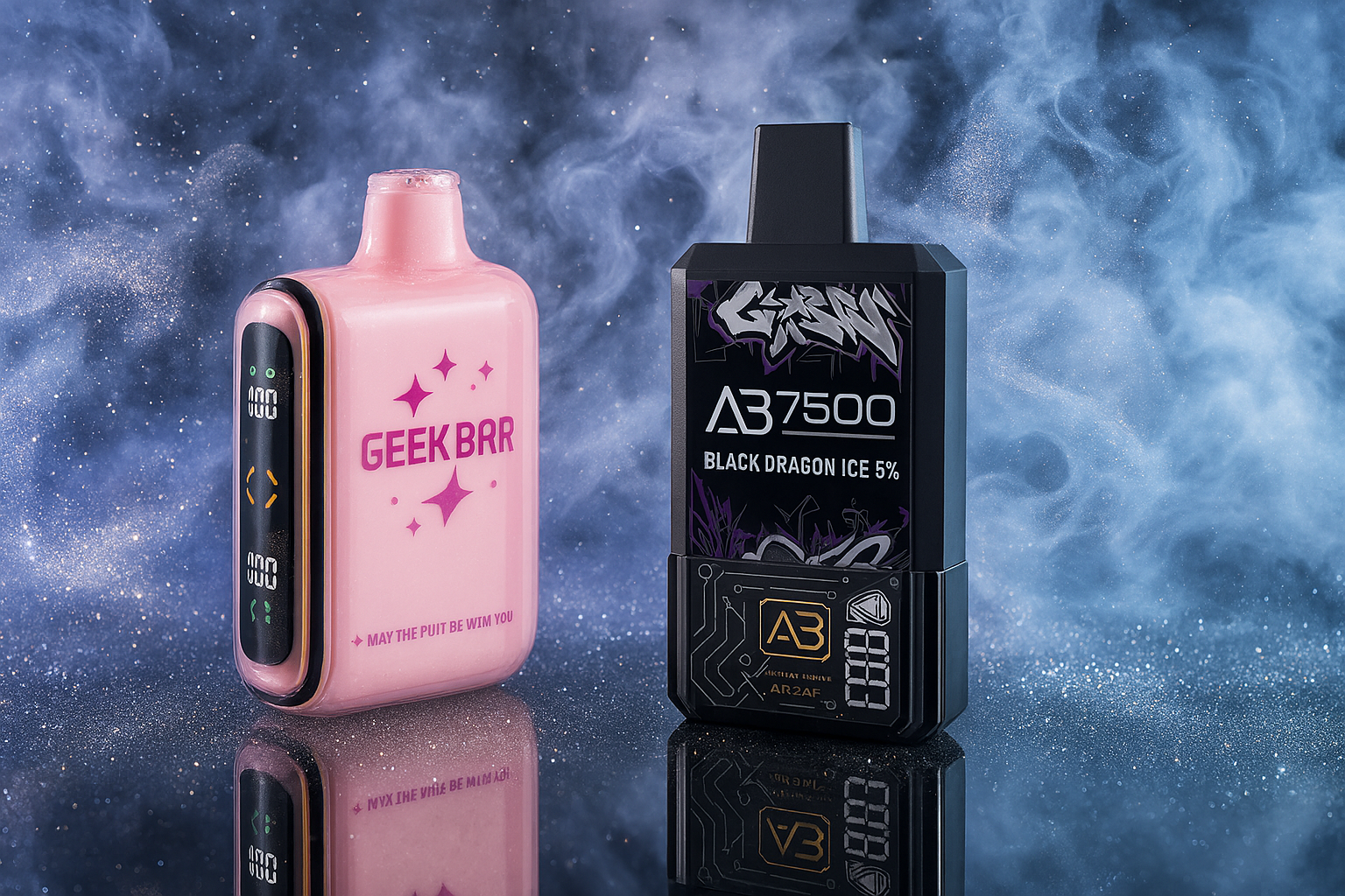 This image features two distinct vape devices, a pink one on the left and a black one on the right, placed side-by-side on a reflective, glittery surface. Both vapes have a blocky, modern design, with the pink one adorned with sparkling stars and the black one featuring a dark, abstract graphic. A backdrop of swirling white smoke adds a sense of mystery and texture to the scene.