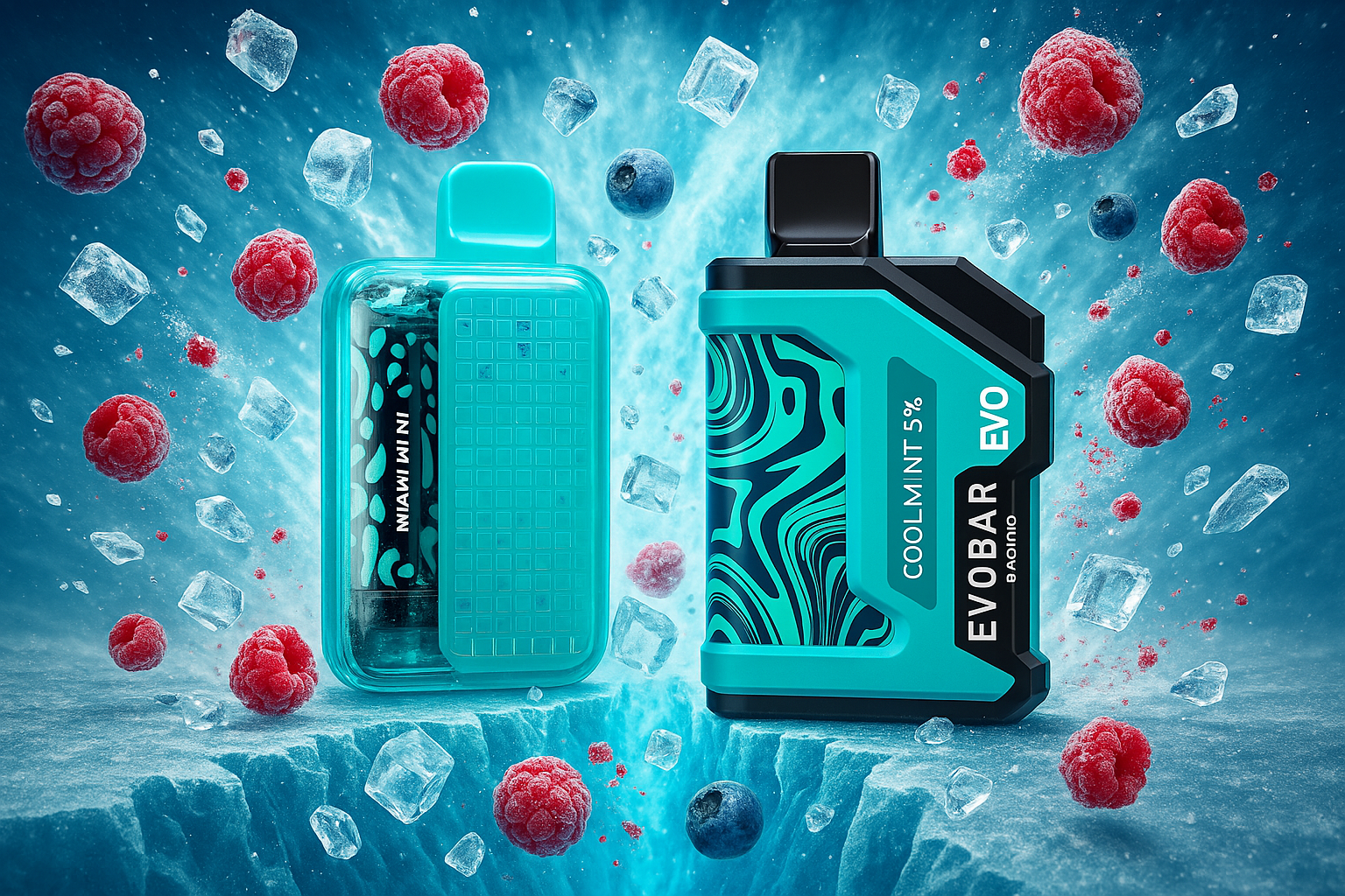 This image displays two vape devices, both in shades of teal and black, presented against a backdrop of ice. Scattered around them are numerous ice cubes, blueberries, and raspberries, creating a dynamic and refreshing visual. The overall composition suggests a cool, fruity, or minty flavor profile associated with the vaping experience.