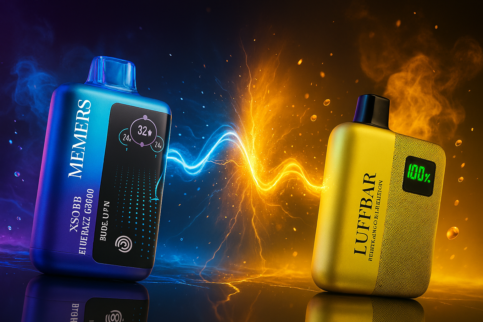 Two large, boxy vape devices are set against a dramatic backdrop with a glowing blue and yellow electrical current or lightning bolt running between them. The vape on the left is a shiny blue, while the one on the right is textured gold. The image suggests a powerful, energetic connection between the two devices.