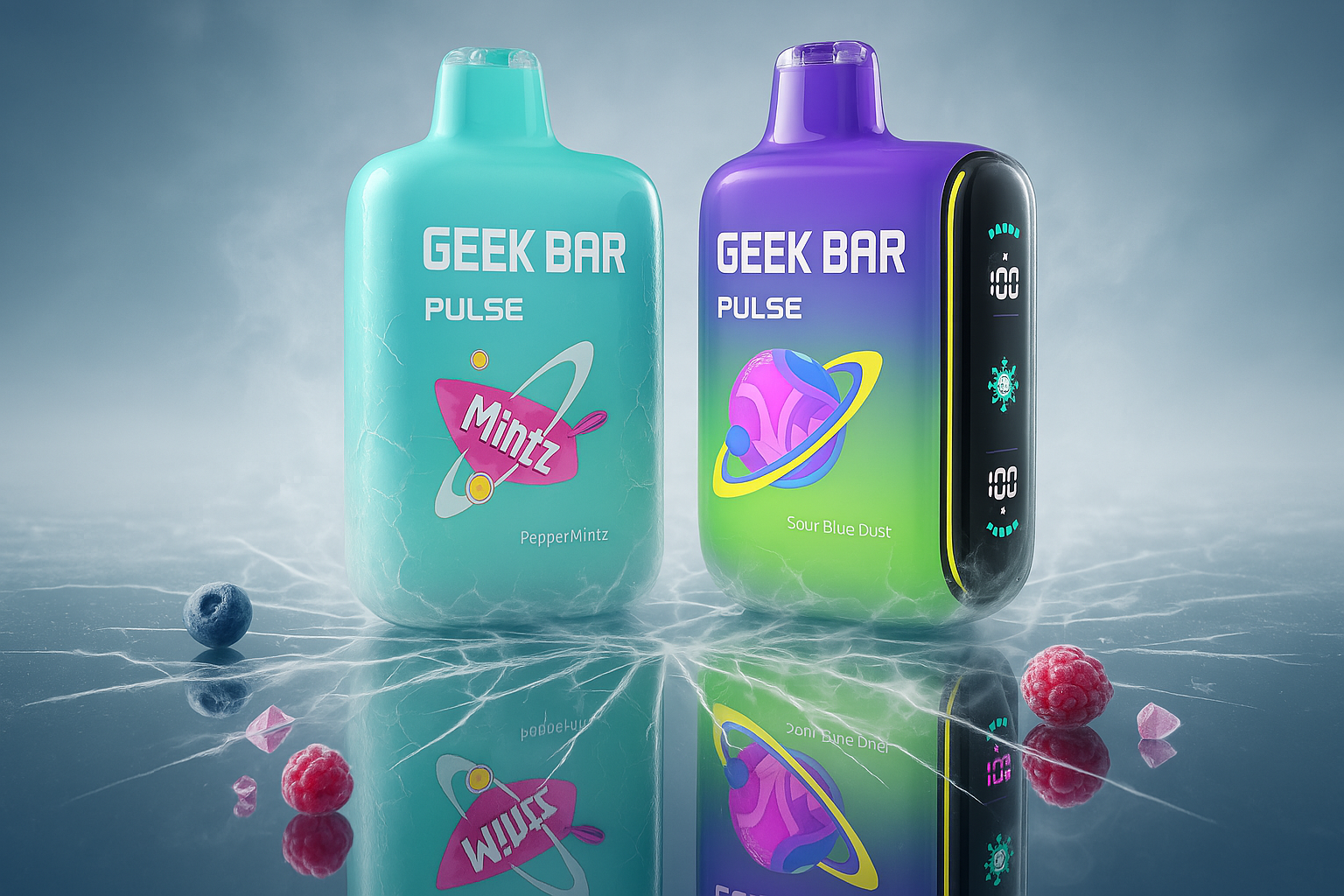 Запит виконаноThis image showcases two distinct vape devices, one in a light teal color and the other in a vibrant purple and green gradient. Both devices feature graphic designs of planets or celestial bodies, suggesting out-of-this-world flavors or experiences. They are positioned on a reflective, icy surface, with scattered berries (blueberries and raspberries) adding to a fresh and cool aesthetic.