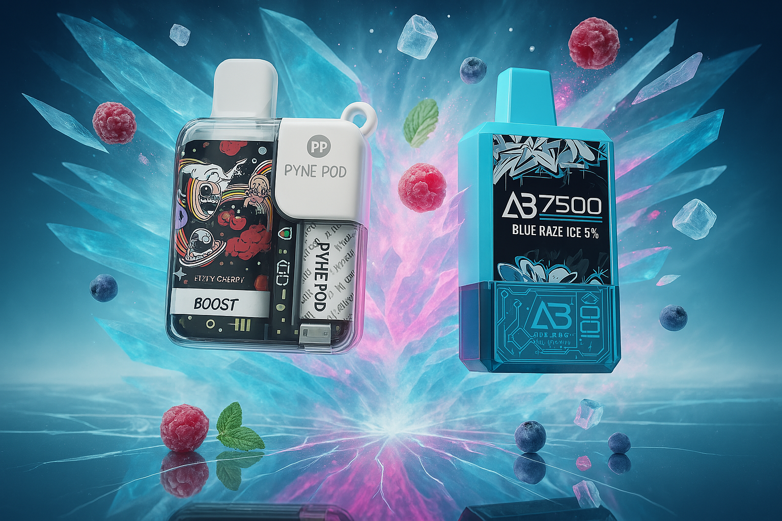 This image showcases two distinct vape devices, one with a clear casing revealing internal components and colorful, animated graphics, and the other predominantly blue with a sleek, angular design. They are set against a vibrant, icy backdrop with shards of ice, blueberries, and raspberries scattered around. The overall scene suggests a cool and flavorful vaping experience, perhaps with a focus on fruity or refreshing tastes.