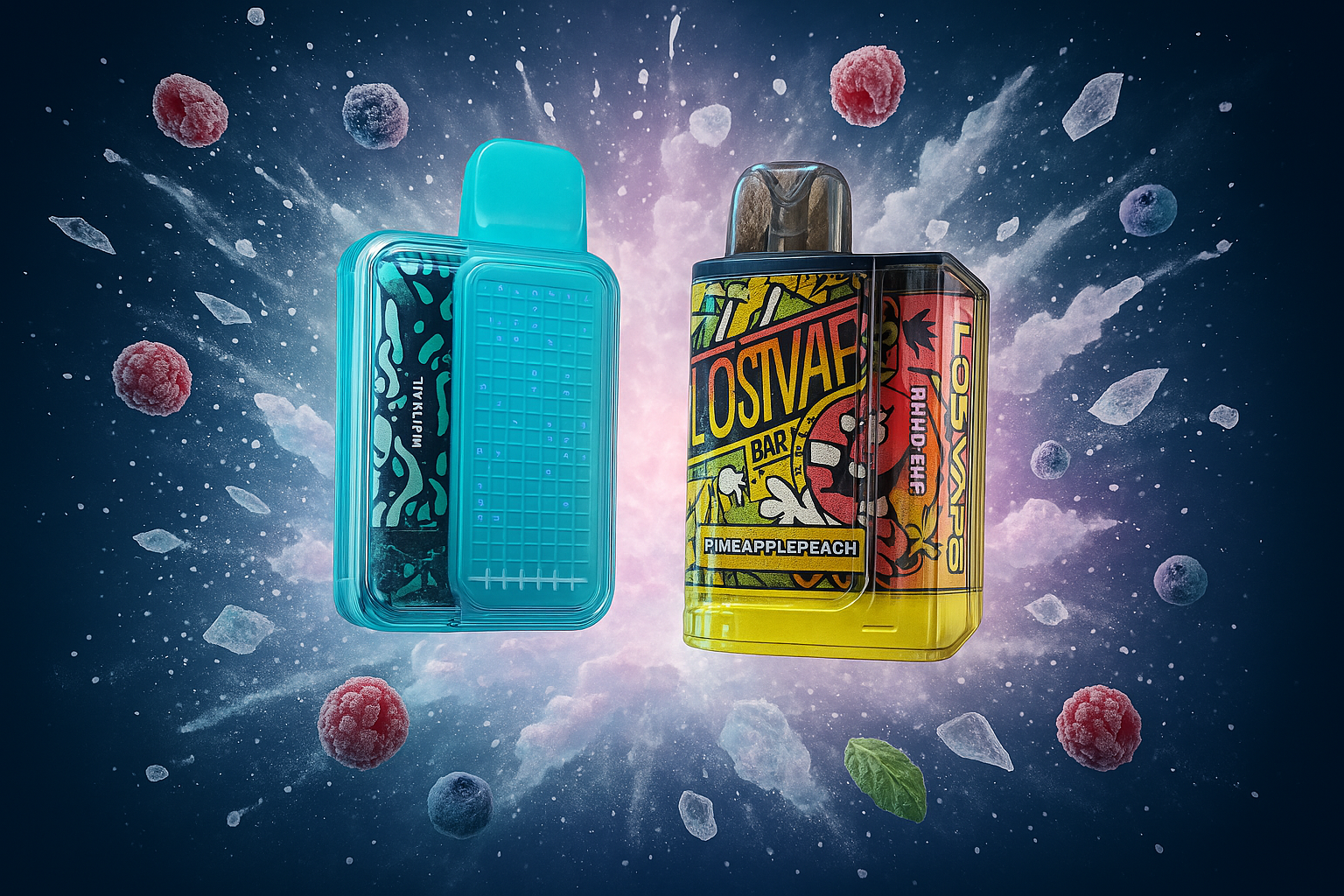 This image displays two distinct vape devices, one in a light blue or teal transparent casing and the other with a colorful, comic-book inspired design. They are positioned against a dynamic background featuring a bursting effect of blue and white, surrounded by scattered raspberries, blueberries, and ice shards. The overall composition suggests a cool, fruity, and impactful vaping experience.