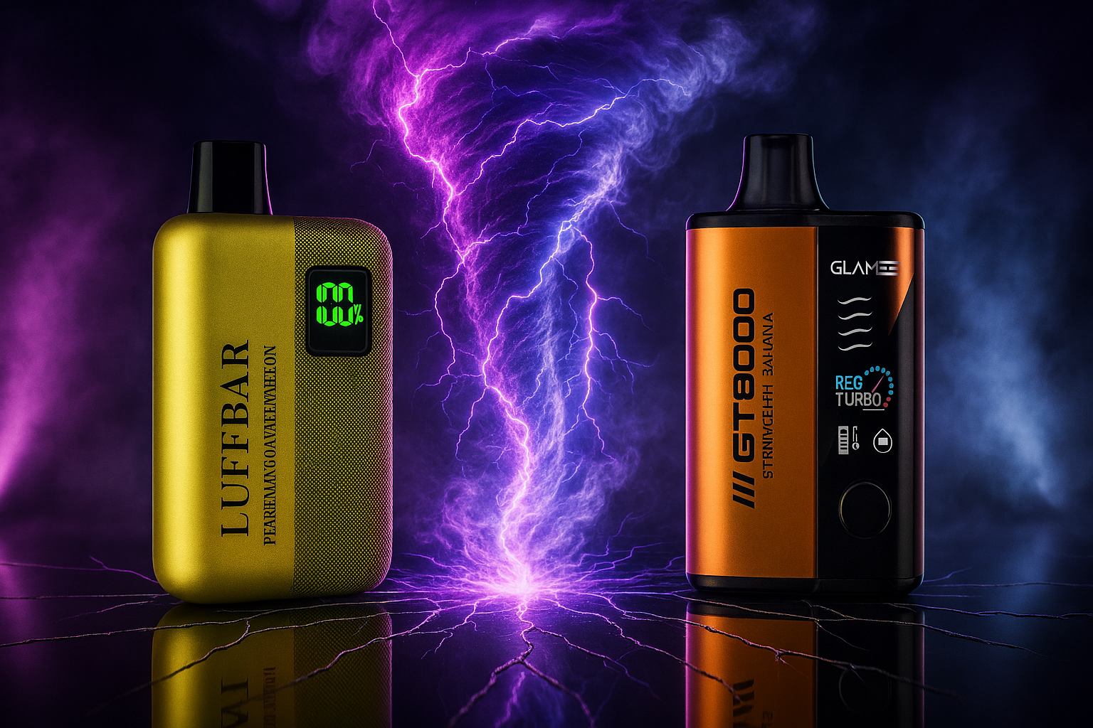 This image shows two sleek, modern-looking disposable vape devices. One is gold and the other is orange, both standing upright against a dramatic backdrop of swirling purple and blue lightning. The design of both vapes features a clear display and textured surfaces, suggesting a high-tech and powerful experience.