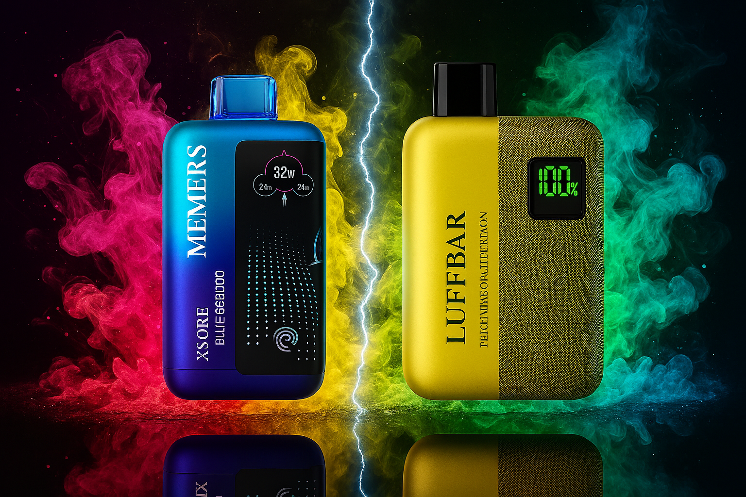 This image displays two distinct vape devices, a blue one and a gold one, positioned side-by-side against a vibrant and smoky background. A bold bolt of lightning splits the two devices, while colorful clouds of smoke in shades of pink, yellow, and green billow around them. The vapes feature modern designs and digital displays, creating a striking and energetic visual.
