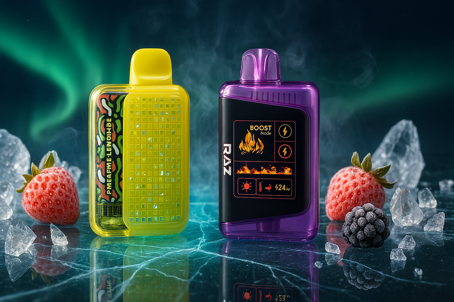 This image features two disposable vape devices set against a backdrop of a frosty surface with ice shards and an aurora borealis-like glow. On the left is a vibrant yellow vape with a textured design, while on the right, a purple
