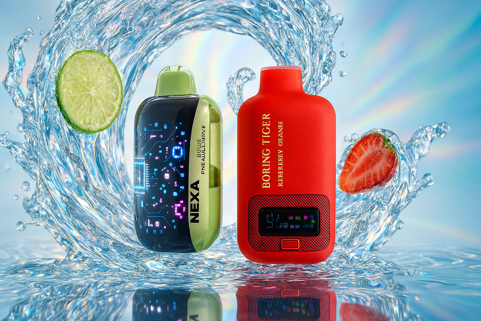 This image features two vape devices, one green and black on the left and a vibrant red on the right, dramatically posed amidst splashing water. A slice of lime floats beside the green vape, while a halved strawberry is near the red one, suggesting refreshing, fruity flavors. The dynamic water splash effect creates a lively and energetic scene.