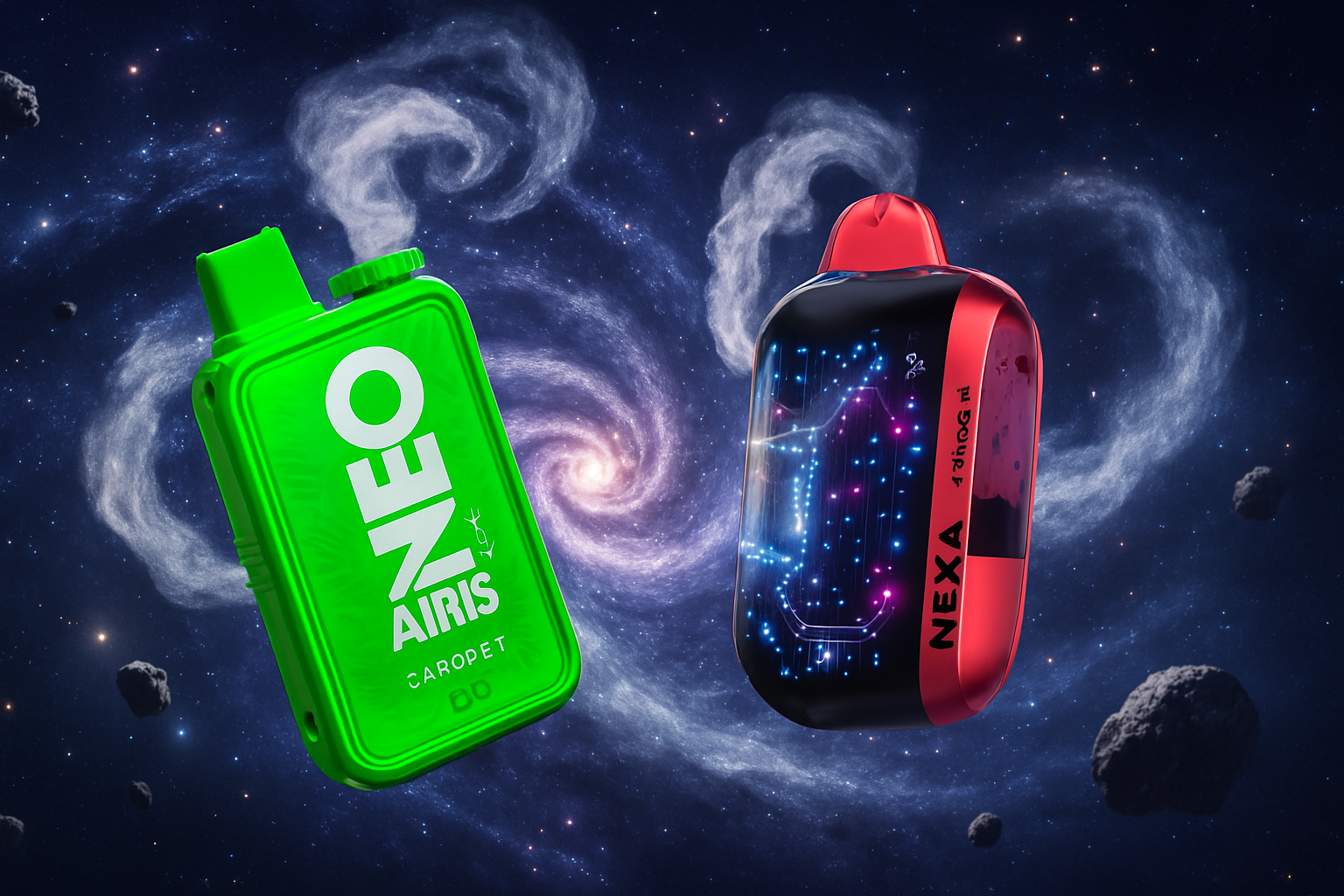 This image features two distinct disposable vape devices floating amidst a cosmic backdrop with swirling nebulas and scattered asteroids. On the left, a vibrant green