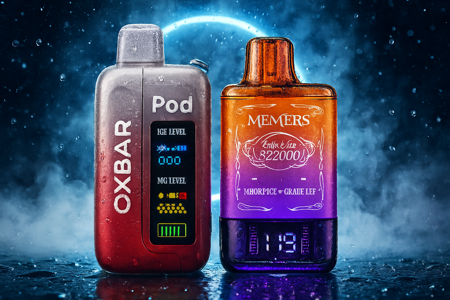This image features two distinct vape devices, a gray and red one on the left and an orange and purple one on the right, standing on a reflective surface. The background is a dark, rainy scene with a bright, circular glow illuminating the vapes and the water droplets. Both devices have digital displays and a modern, somewhat rugged design.