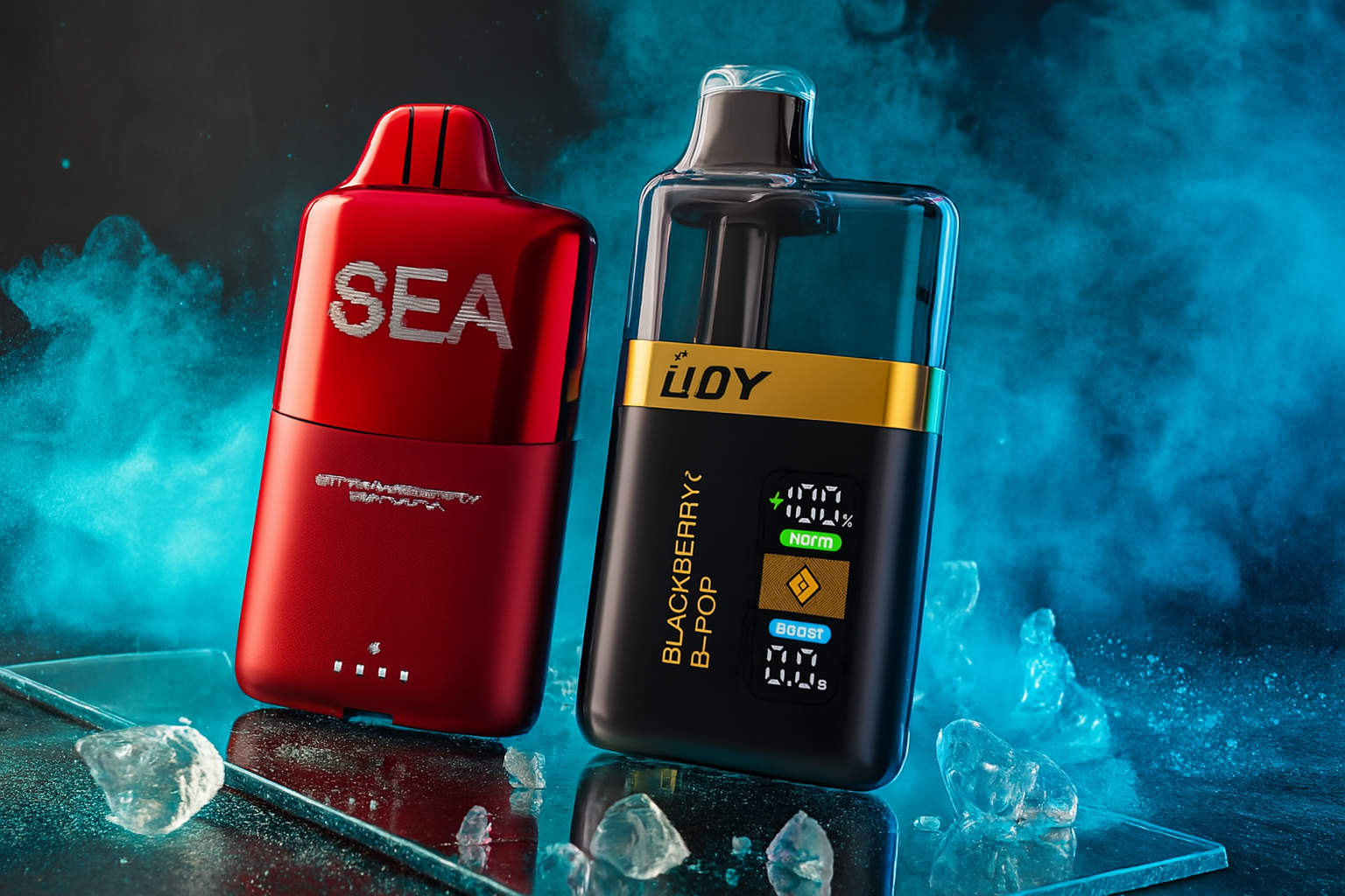 A cool-toned product photo shows two vape devices on a reflective surface with a foggy blue background. The device on the left is a solid red vape with a slightly rounded shape. The device on the right is a sleek black vape with gold accents and a transparent top section that shows its internal components.