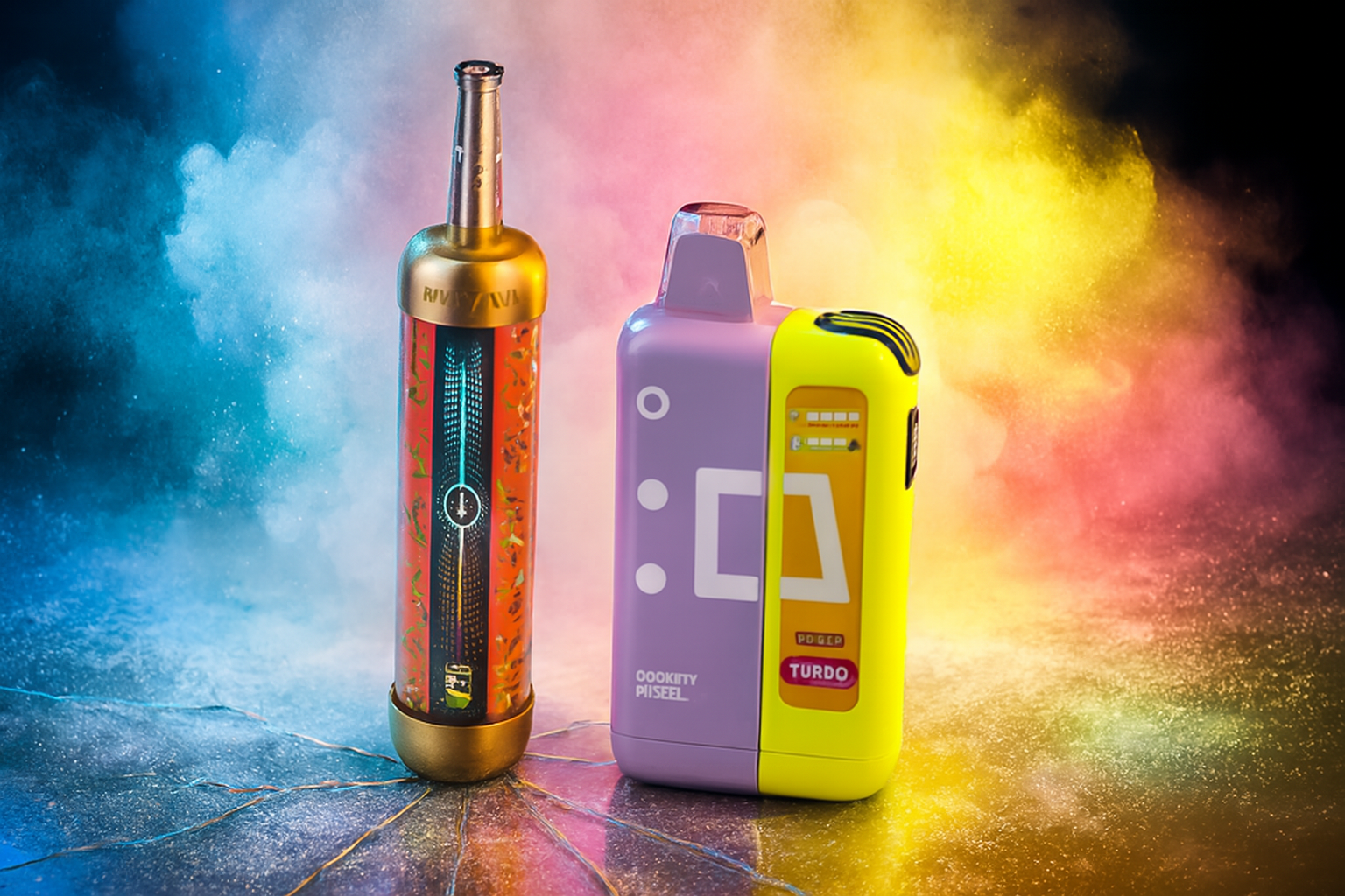 A striking product photo of two vape devices on a cracked, reflective surface with a vibrant, multicolored smoke background. The device on the left is a tall, cylindrical gold and red vape with a futuristic design on the front. The device on the right is a box-shaped vape that is half purple and half yellow, with a bright digital screen on the yellow side.