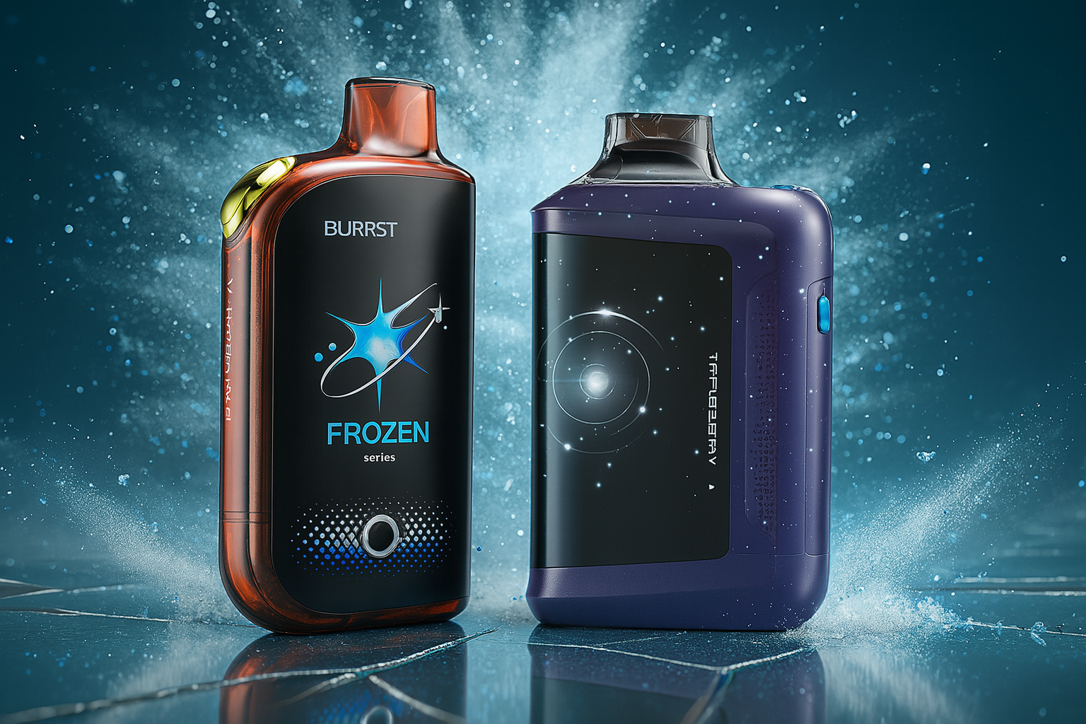 A futuristic product photo of two vape devices on a shattered, icy surface with a dramatic, dark background filled with dust and light effects. The device on the left is a shiny brown and black vape with a futuristic, icy graphic on the front. The device on the right is a sleek, black and purple vape with a starry cosmic design on its front panel.