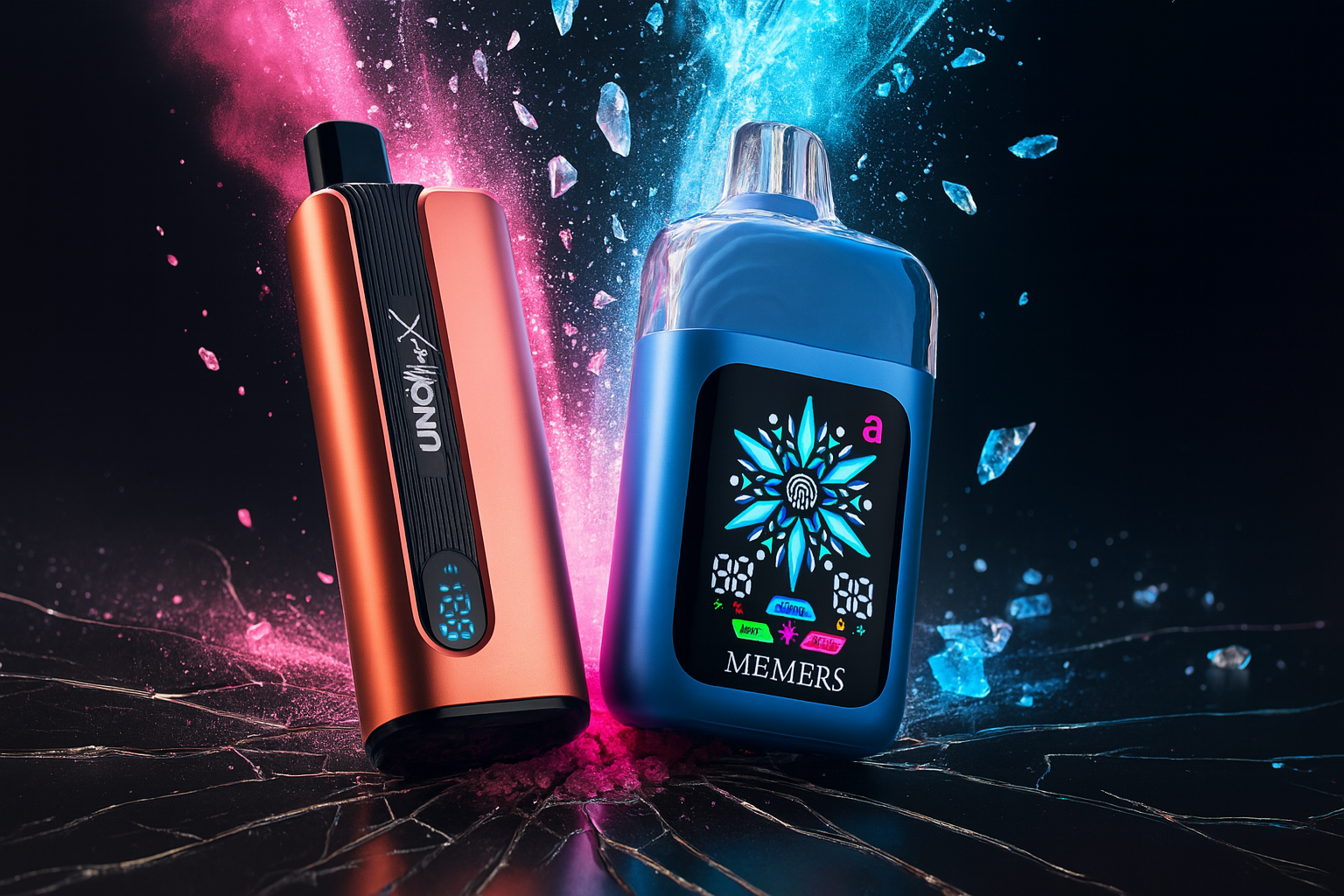 A dramatic product photo shows two vape devices surrounded by swirling, multicolored smoke and floating ice cubes. The device on the left is a black and neon yellow vape with a transparent front and a small screen. The device on the right is a tall, white and black disposable vape with an orange to magenta gradient on the bottom.