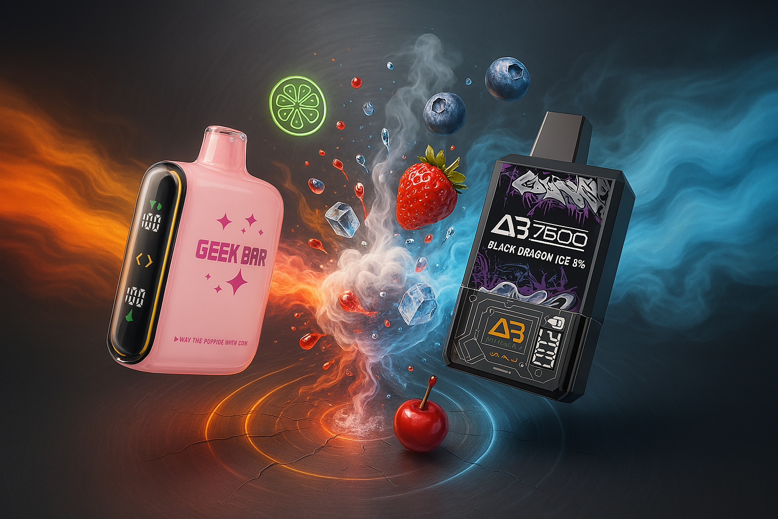 This image displays two distinct vape devices, one in a light pink color with a glossy finish, and the other a dark, angular device with purple accents. They are surrounded by a dynamic explosion of colorful vapor, ice cubes, floating berries (strawberries, blueberries, and a cherry), and a glowing neon lime slice. The composition creates a vibrant and energetic scene, suggesting a cool, fruity, and refreshing flavor experience.
