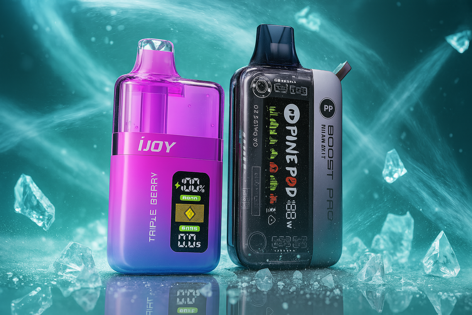 A cool-toned product photo features two vape devices on a reflective surface surrounded by ice and mist. The device on the left is a tall, transparent pink and blue vape with a digital display. The device on the right is a black and silver model with a transparent front panel that shows the internal components.