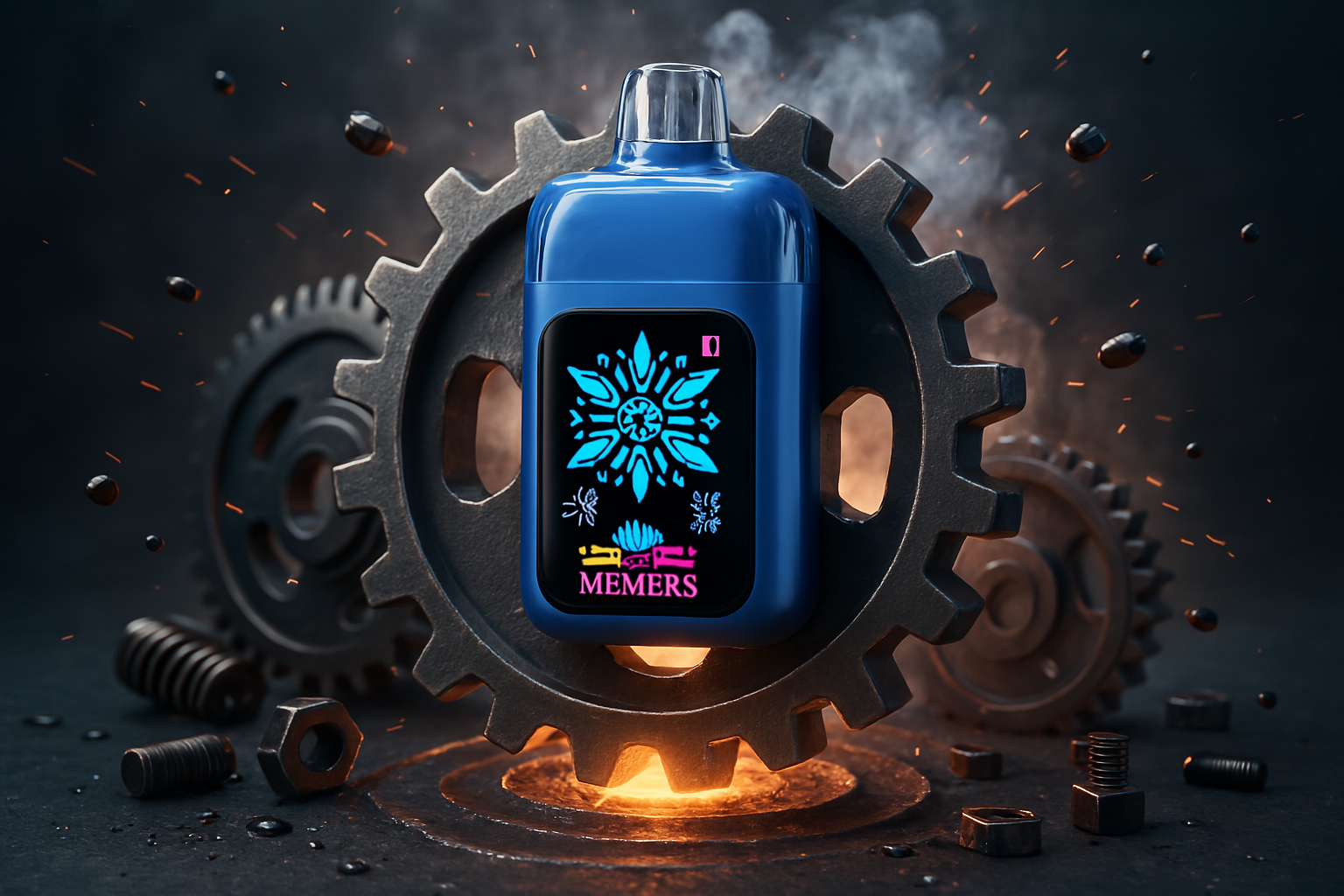 This image prominently features a blue vape device with a glowing, intricate design on its screen, centrally placed within a large, dark metallic gear. Sparks and smoke rise around the device and gear, creating an industrial and powerful aesthetic. Smaller gears, nuts, and bolts are scattered around the base, further emphasizing a mechanical theme.