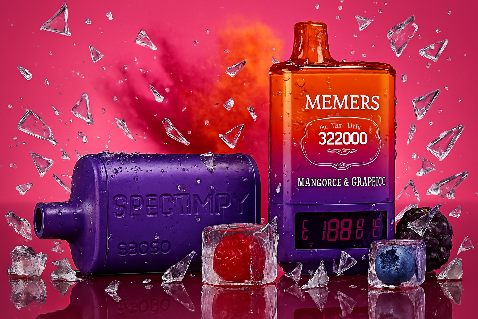 This image showcases two vape devices, one translucent orange and purple standing upright, and another solid purple lying on its side. They are surrounded by shattered glass fragments and cubes of ice encasing fruits like strawberries and blueberries, suggesting a cooling effect and intense flavors. A burst of pink and orange powder in the background adds a dynamic and energetic feel to the composition.
