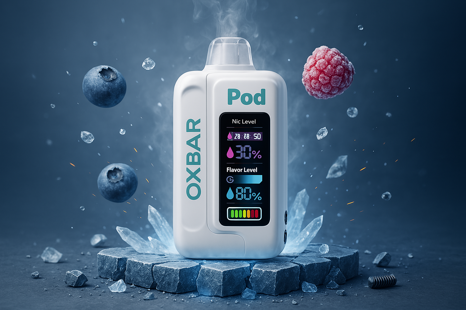 This image displays a white vape device with a screen showing various levels, positioned on a cracked, icy platform. Vapor or mist emanates from the top of the device. Around it, frosted blueberries and a single raspberry float, along with scattered ice shards and what appear to be small metallic nuts and bolts. The overall scene suggests a cool or icy, possibly fruity, flavor profile.