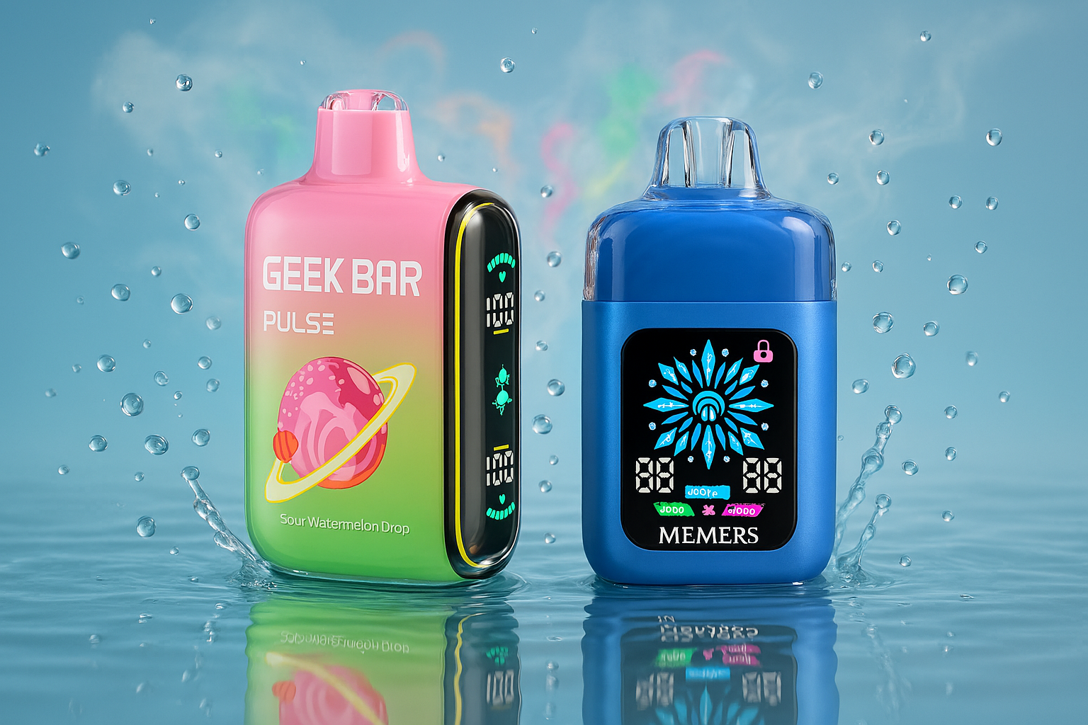 This image features two different vape devices, a pink and green one on the left and a solid blue one on the right, standing on a wet, reflective surface with water droplets splashing around them. The background is a soft, blurred blue with more water droplets, giving the impression of a fresh, cool environment. Both vapes have vibrant digital displays and a sleek, modern design.