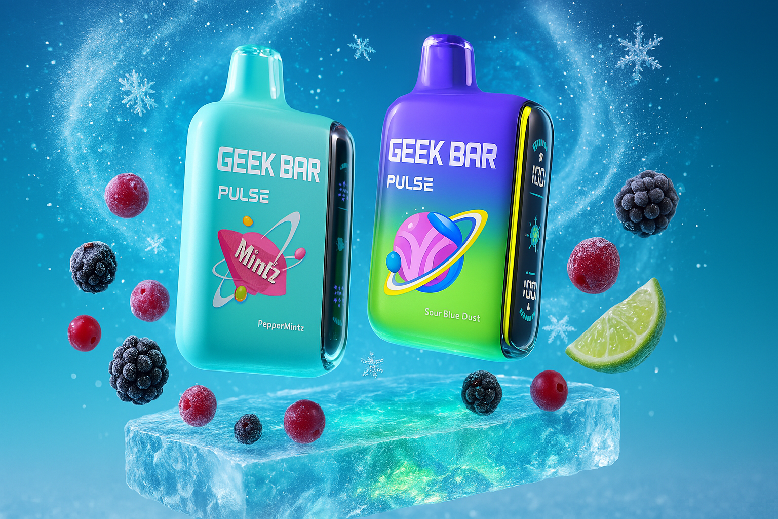 This image features two vibrant vape devices, one in a mint green hue and the other in a purple and yellow gradient. They are set in a frosty environment with snowflakes falling, resting on a block of ice. Various berries, including raspberries and blackberries, along with a lime wedge, are scattered around the devices, suggesting refreshing, fruity, and possibly cool flavor profiles.